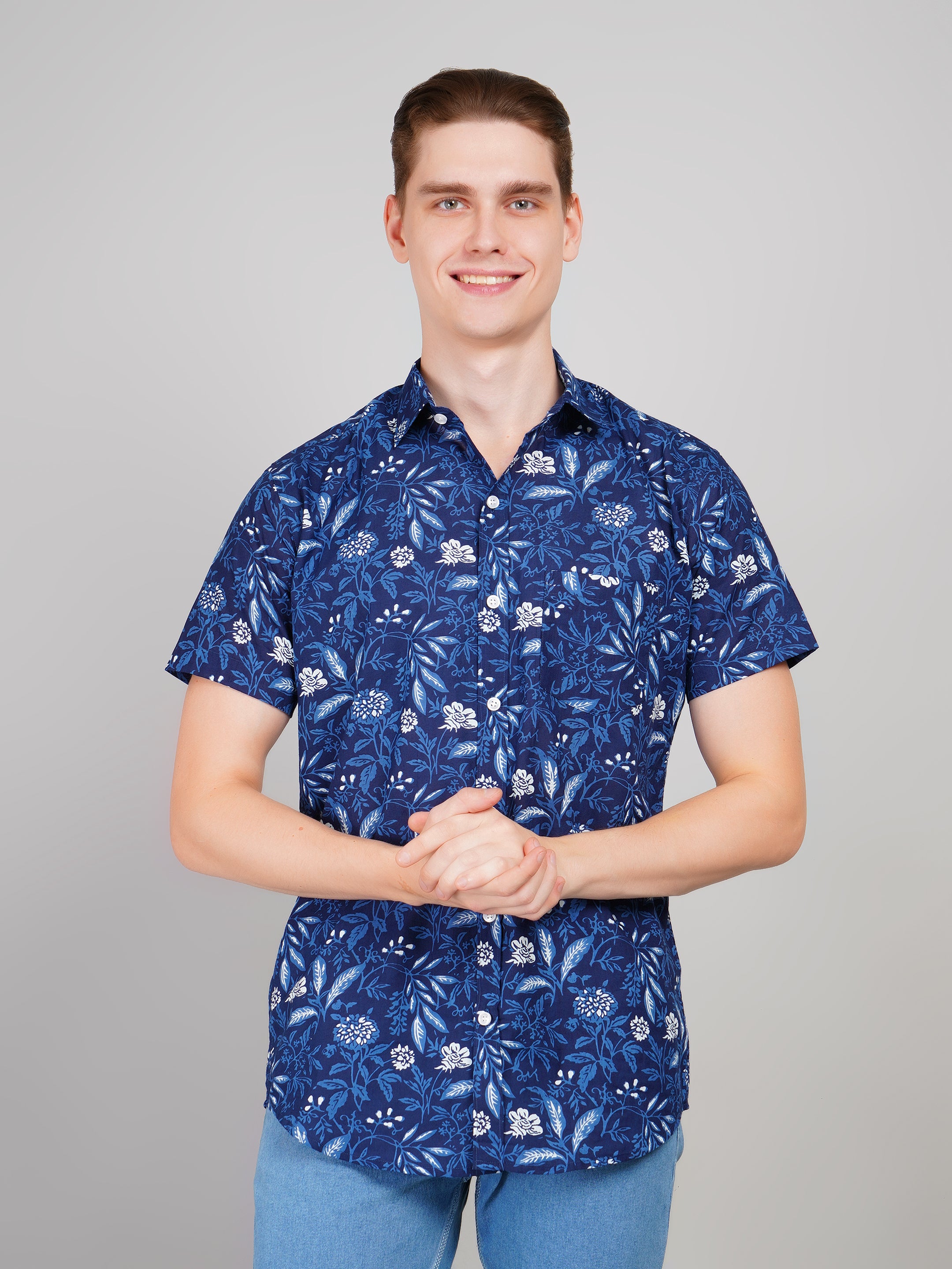 Nama's Navy Blue Jaipuri Printed Cotton Shirt