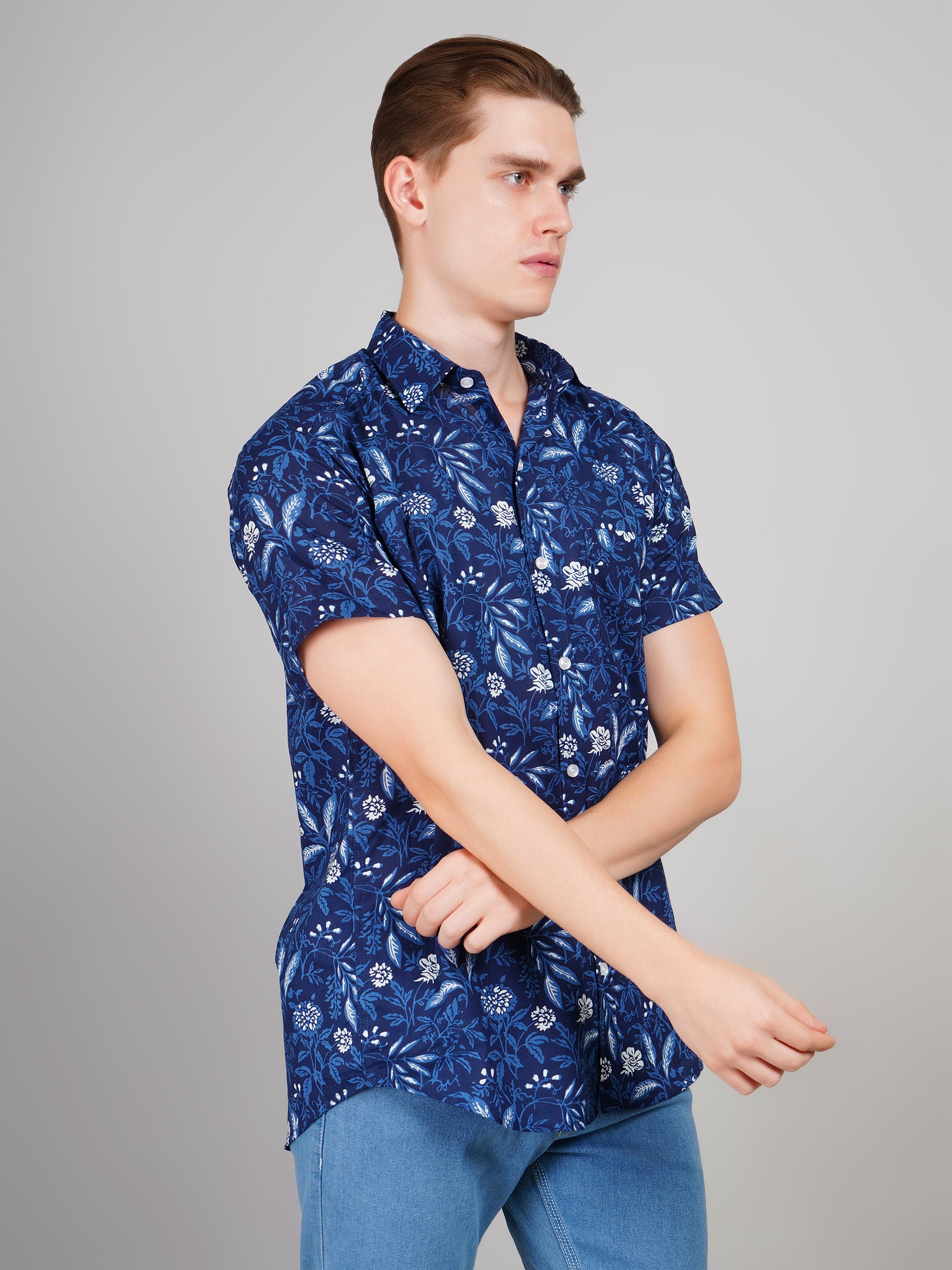 Nama's Navy Blue Jaipuri Printed Cotton Shirt