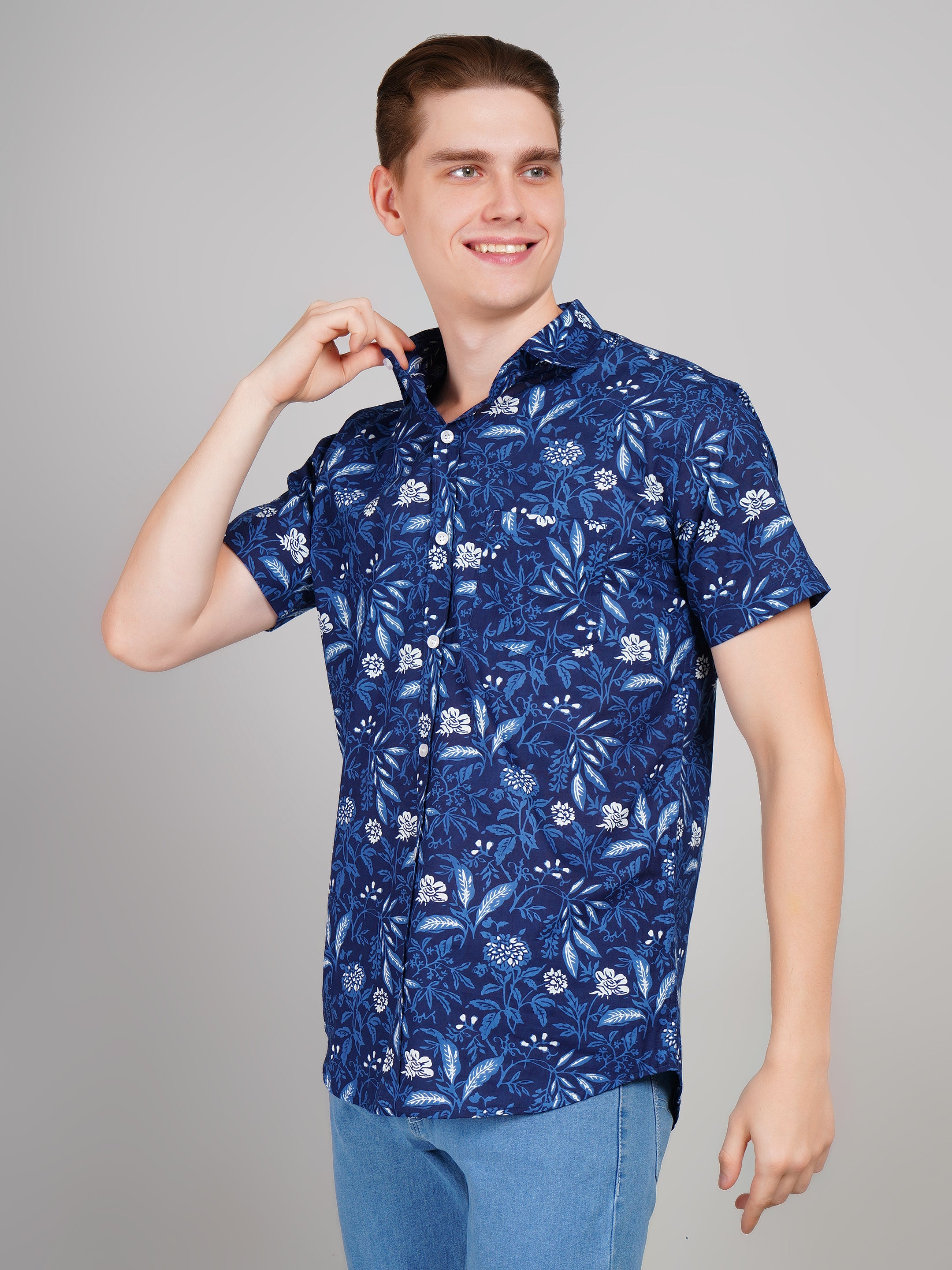 Nama's Navy Blue Jaipuri Printed Cotton Shirt
