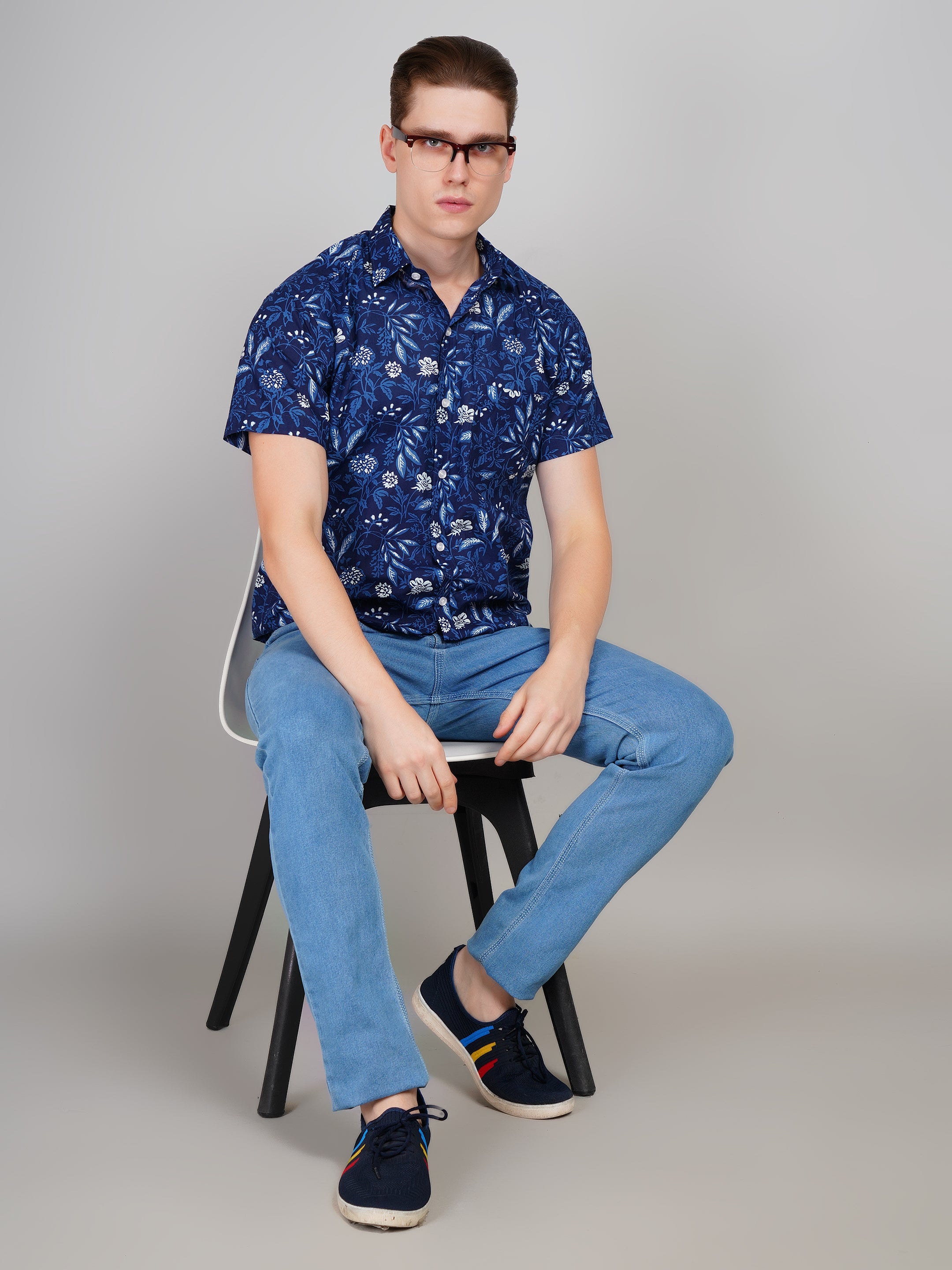 Nama's Navy Blue Jaipuri Printed Cotton Shirt