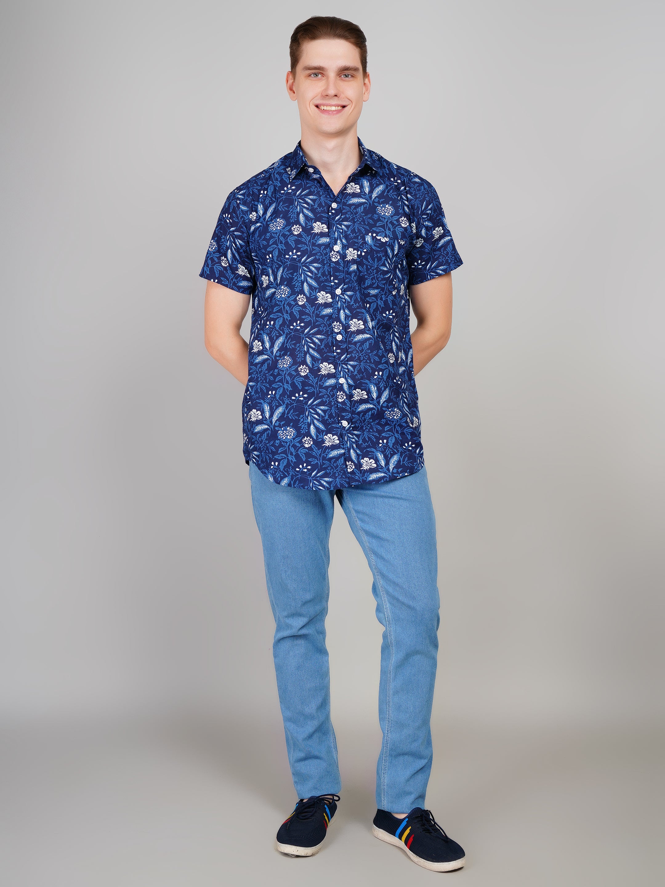Nama's Navy Blue Jaipuri Printed Cotton Shirt