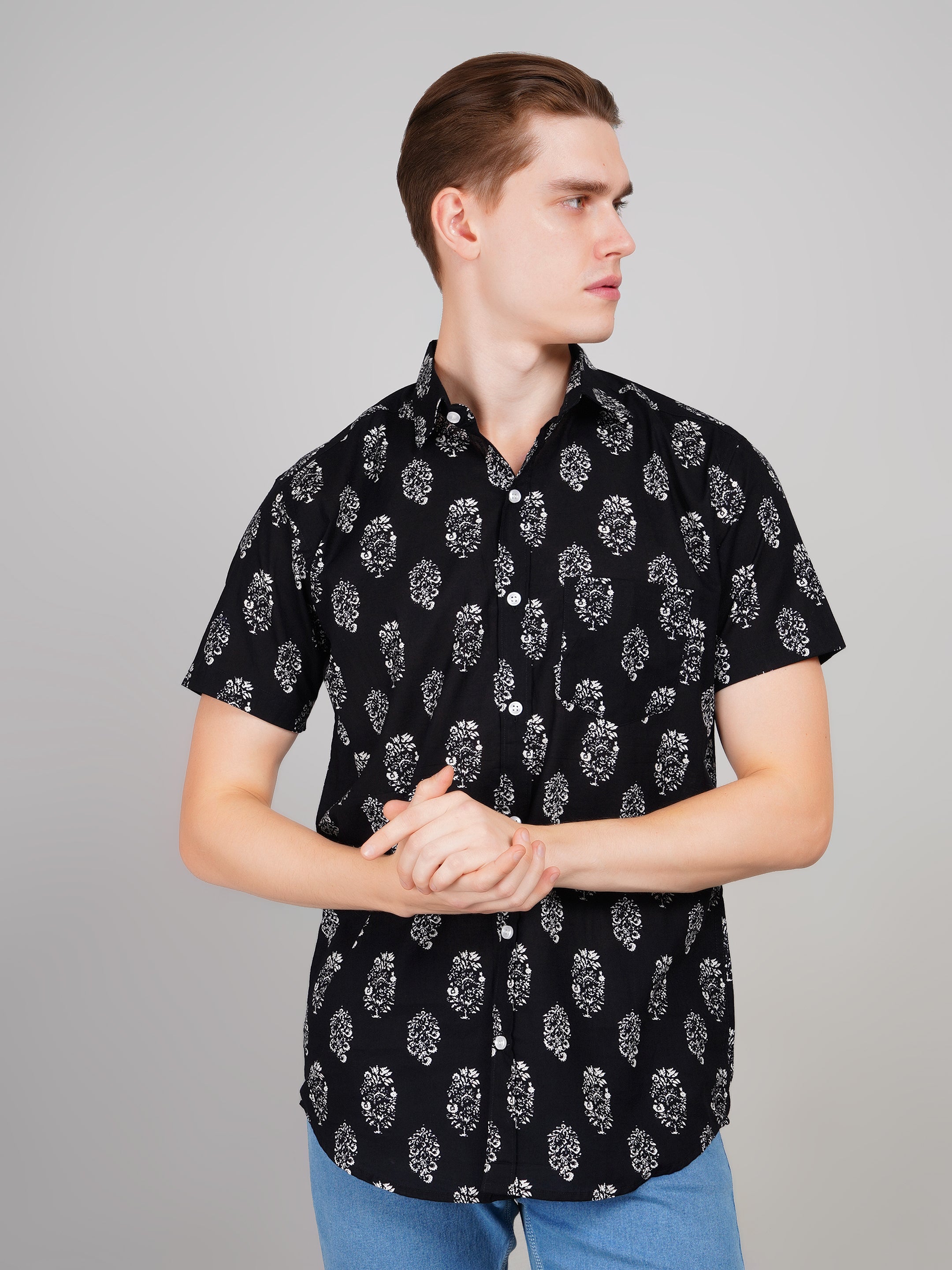 Nama's Black Jaipuri Printed Cotton Shirt