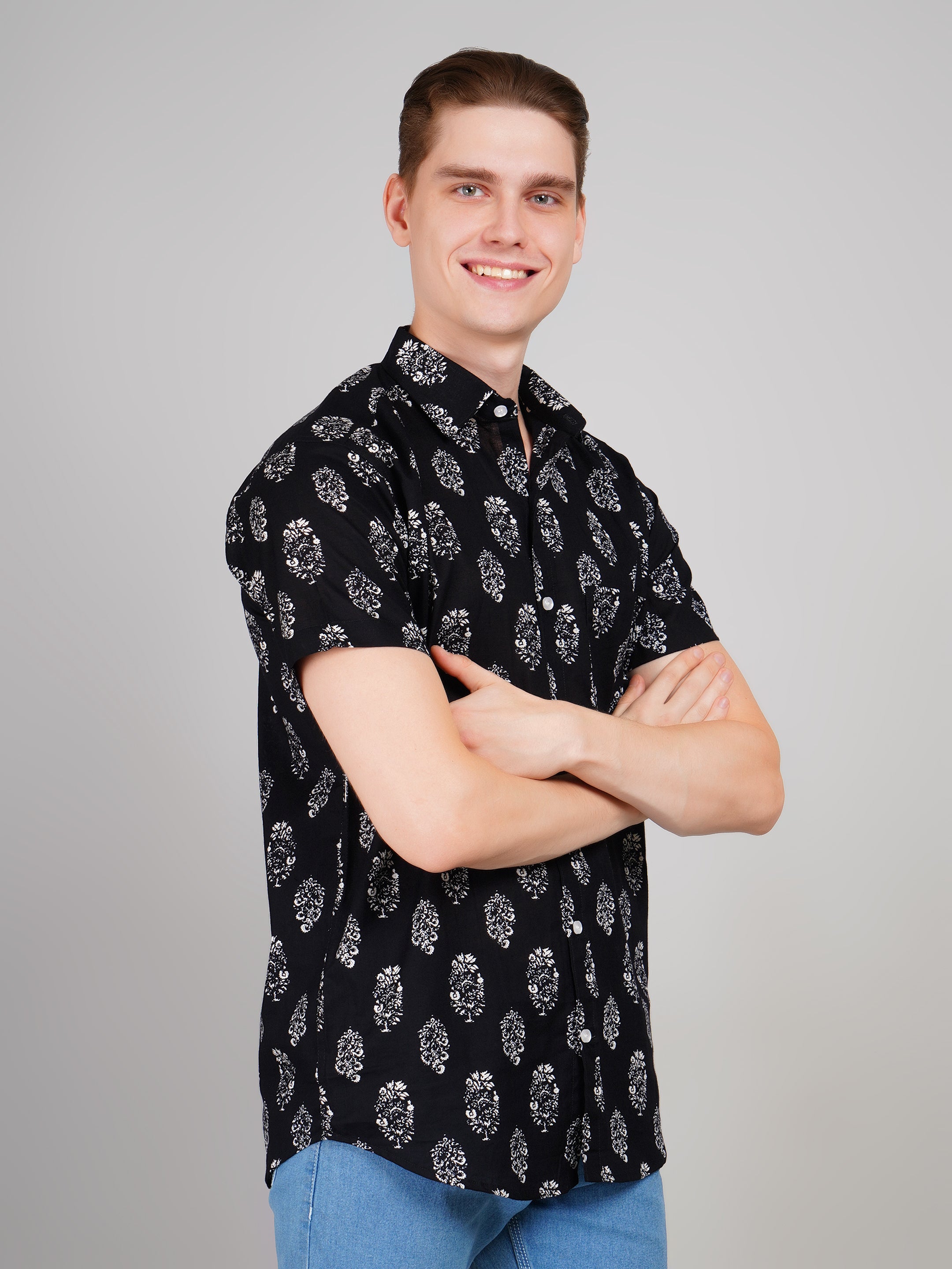 Nama's Black Jaipuri Printed Cotton Shirt