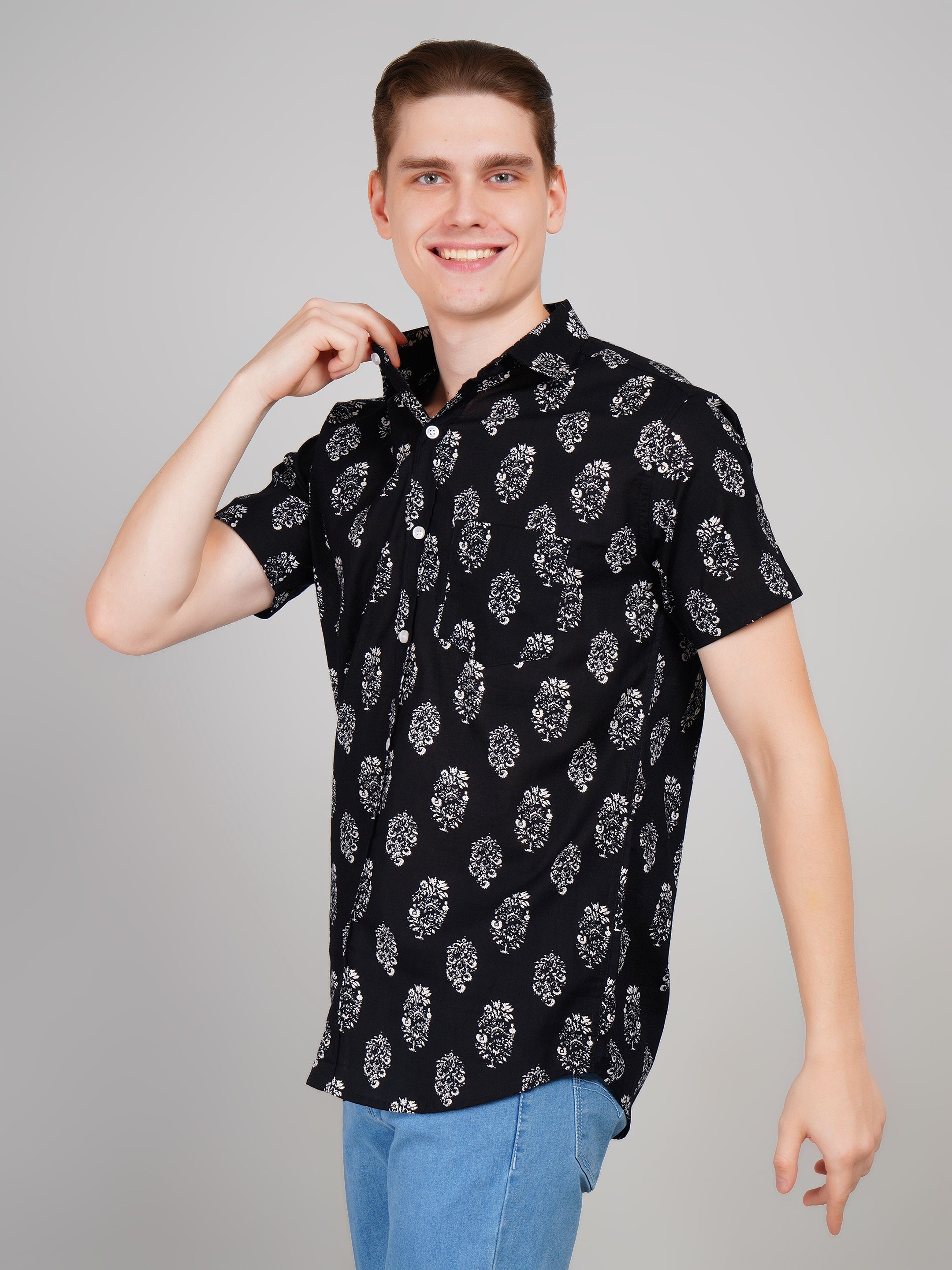 Nama's Black Jaipuri Printed Cotton Shirt