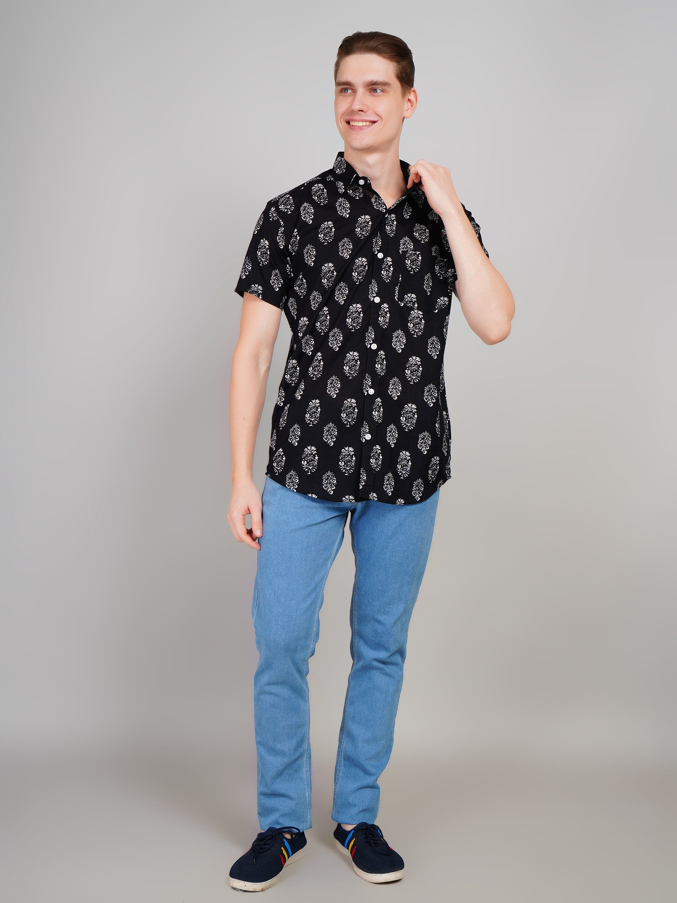 Nama's Black Jaipuri Printed Cotton Shirt