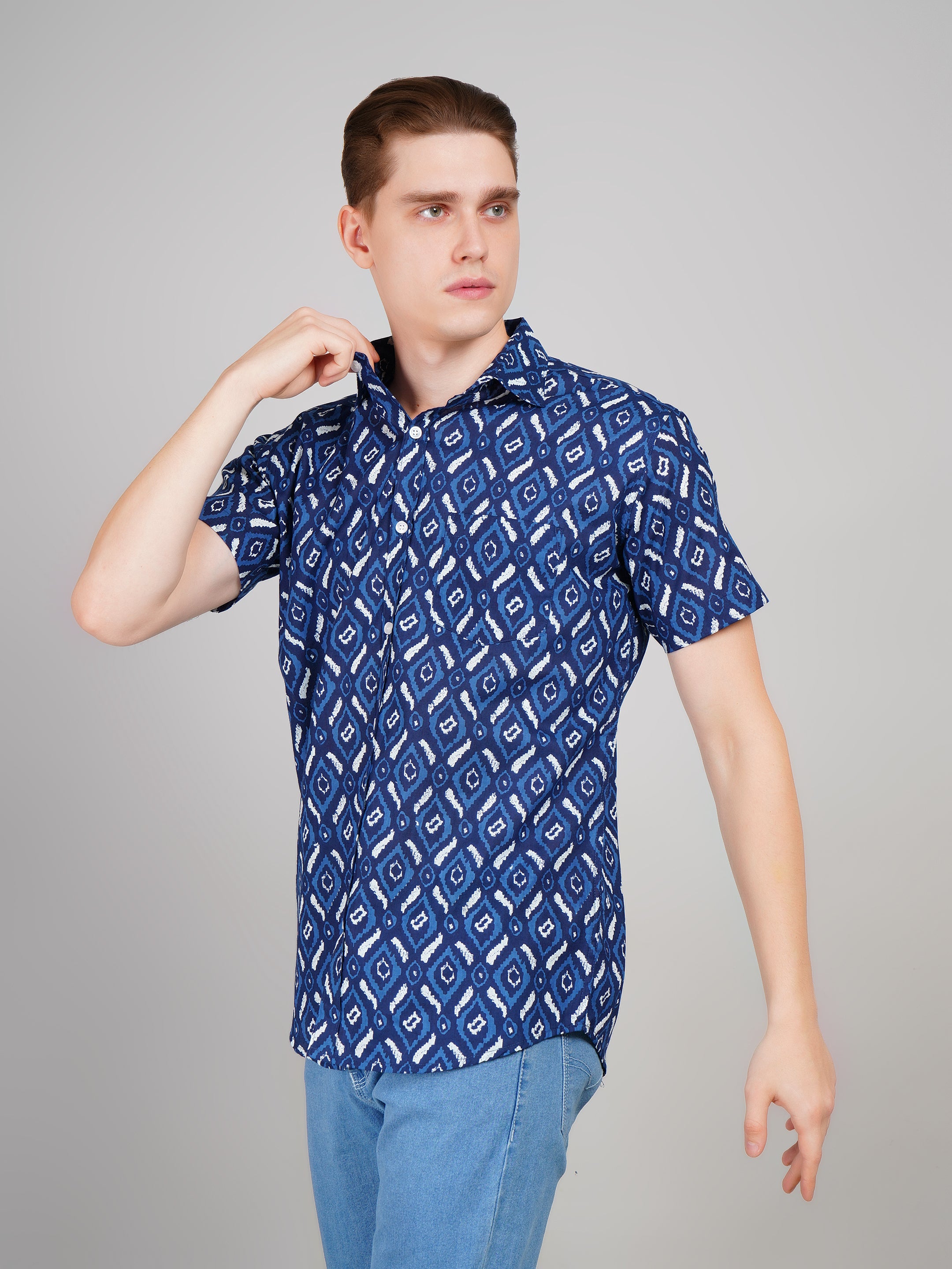 Nama's Blue Jaipuri Printed Cotton Shirt
