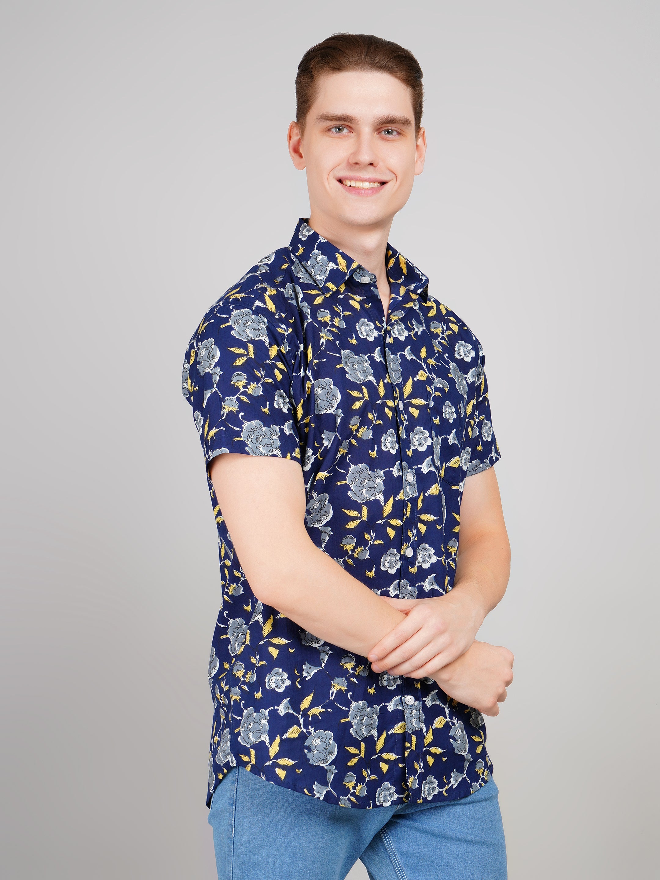 Nama's Navy Blue Jaipuri Printed Cotton Shirt