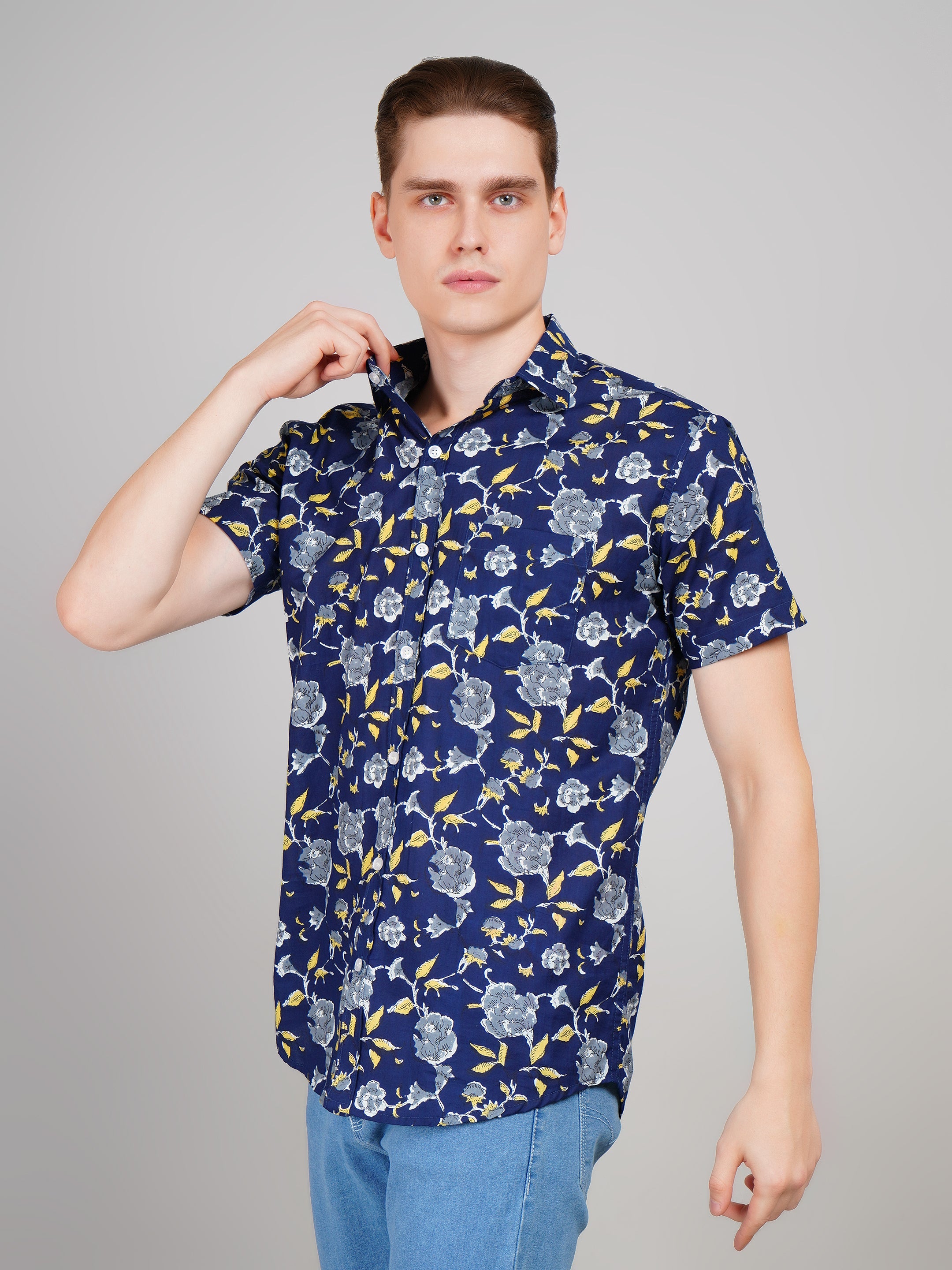 Nama's Navy Blue Jaipuri Printed Cotton Shirt