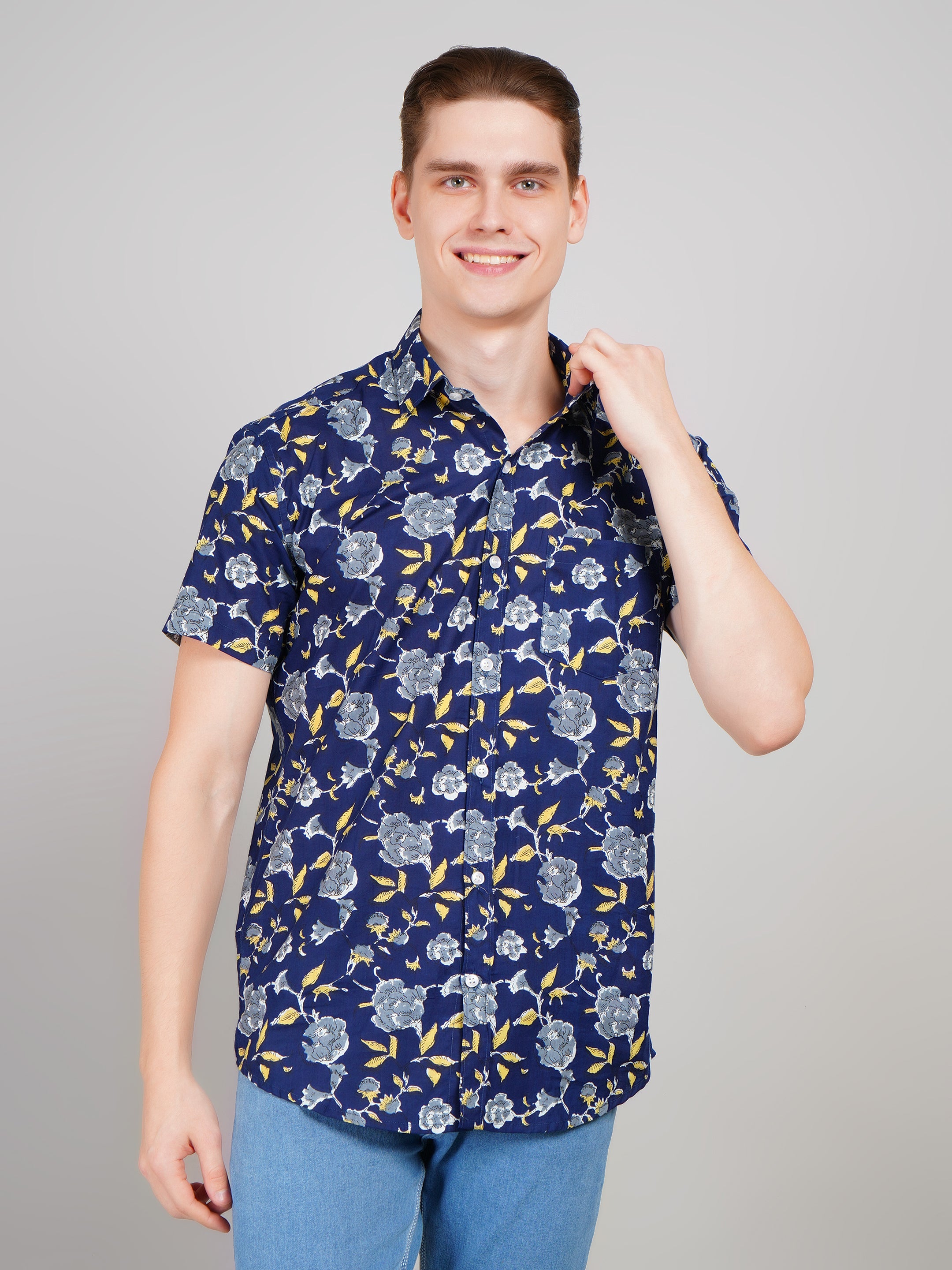 Nama's Navy Blue Jaipuri Printed Cotton Shirt