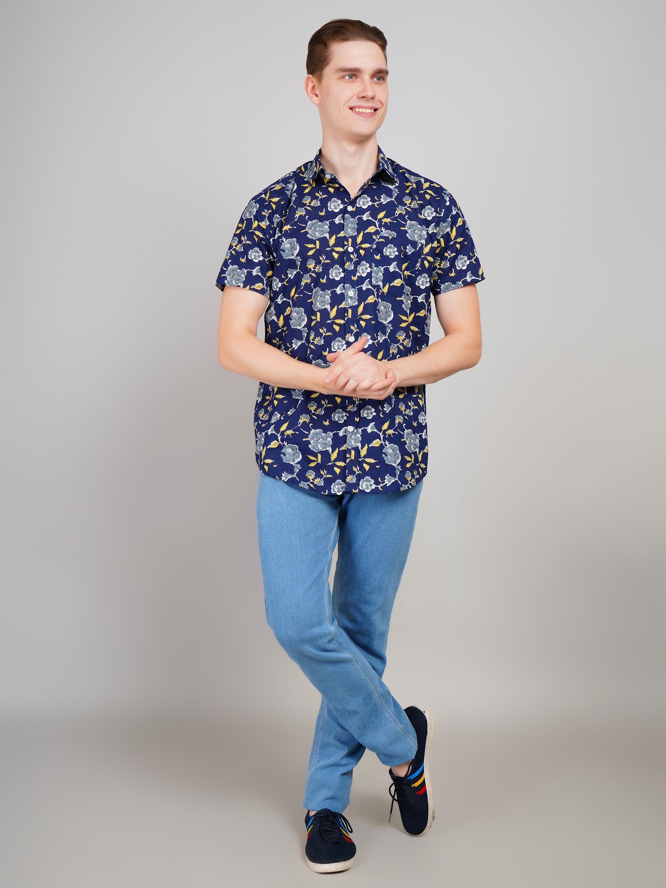 Nama's Navy Blue Jaipuri Printed Cotton Shirt