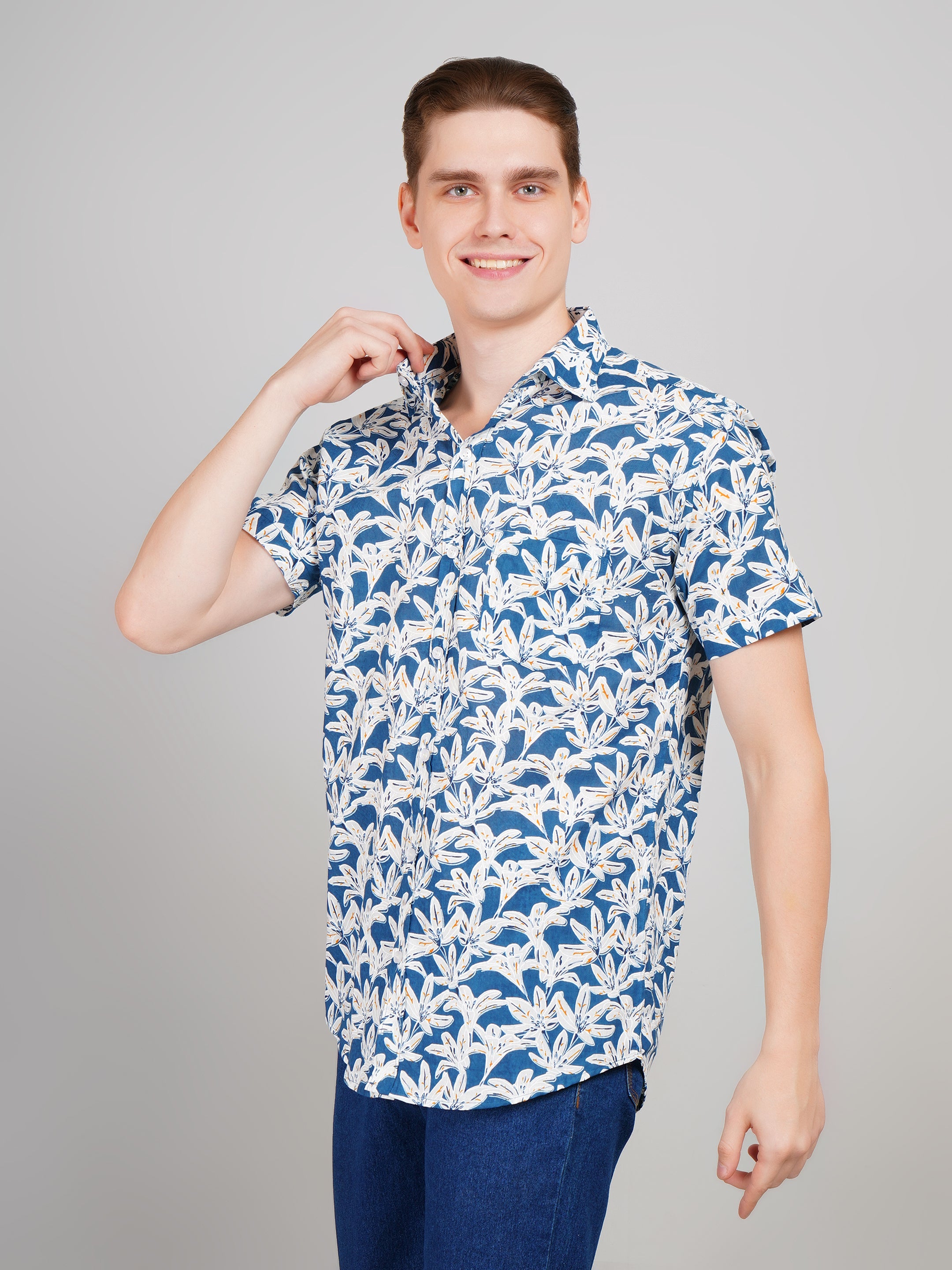 Nama's Light Blue Jaipuri Printed Cotton Shirt