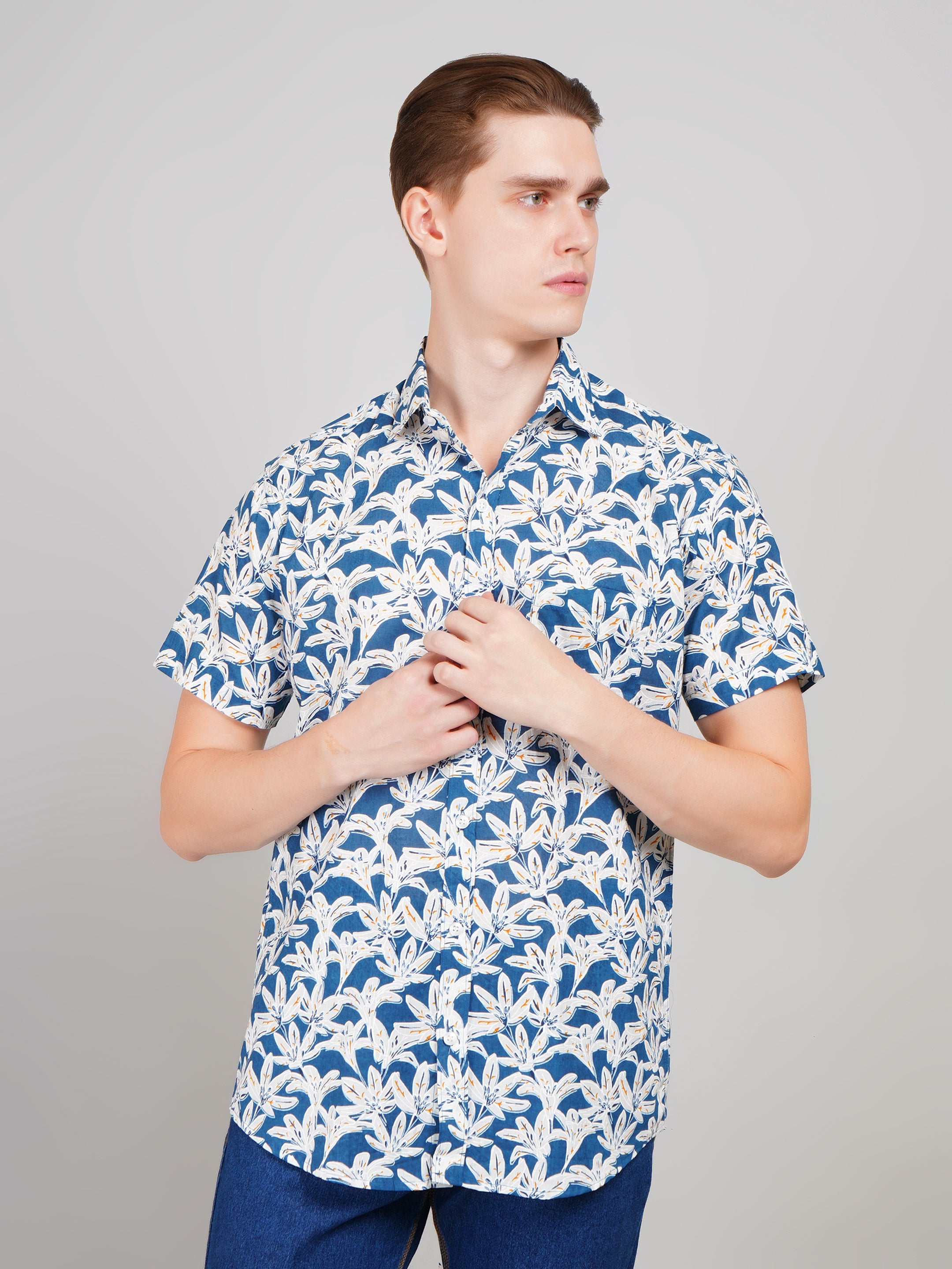 Nama's Light Blue Jaipuri Printed Cotton Shirt