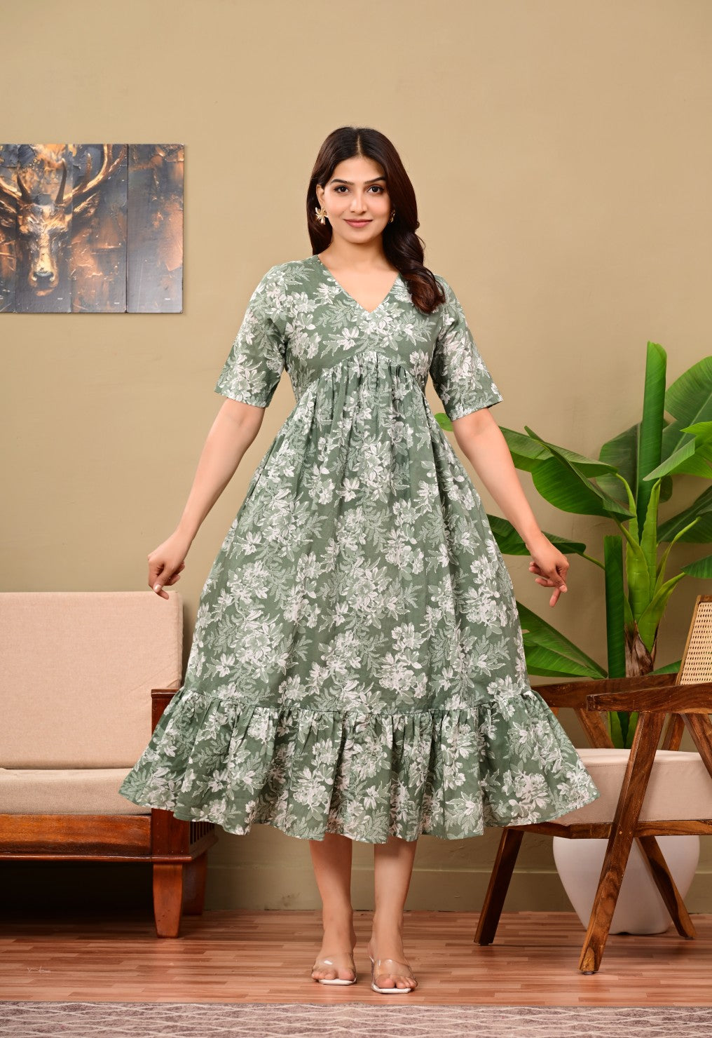Women Floral Printed Flared Midi Dress