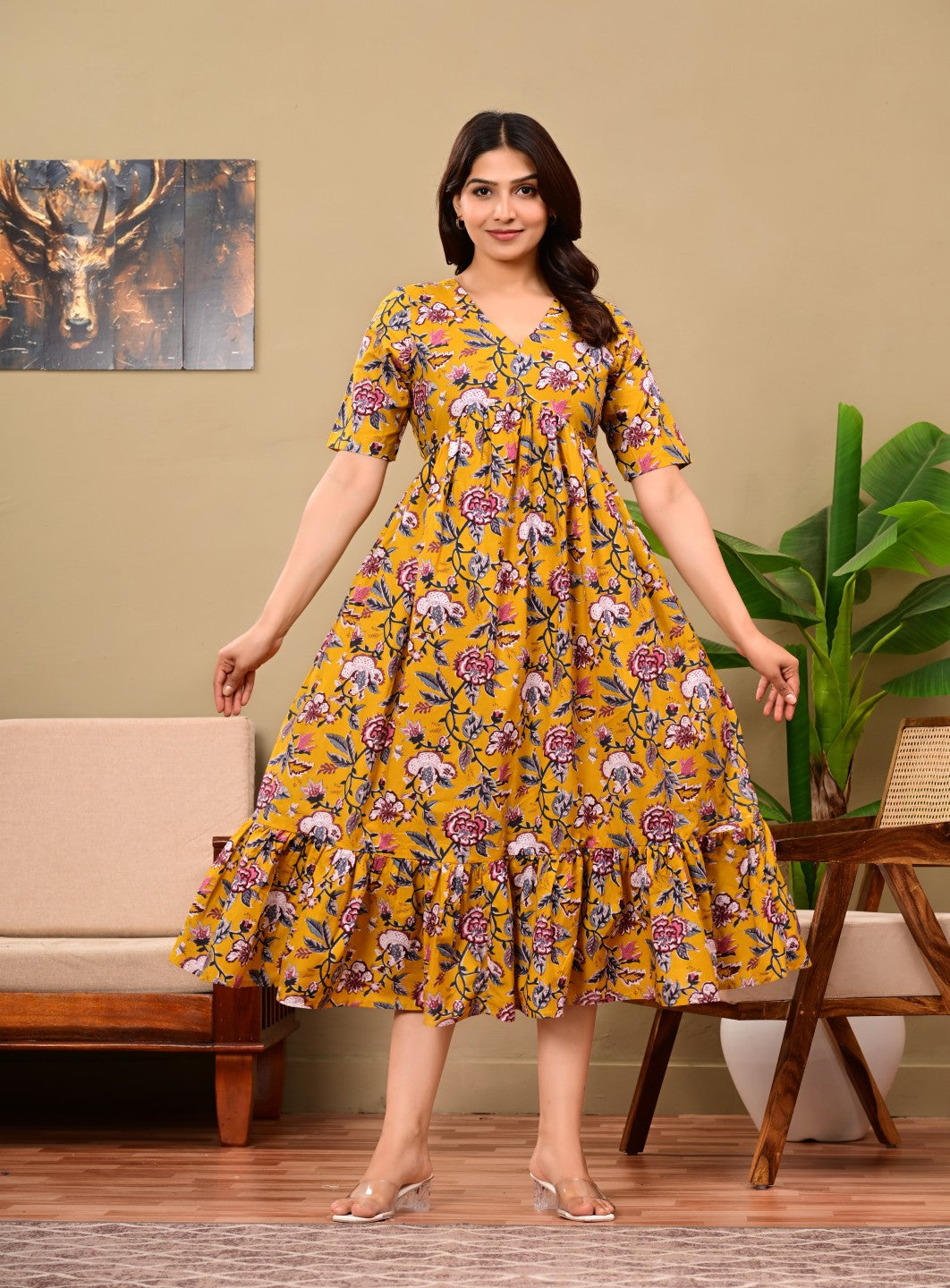 Women Floral Printed Flared Midi Dress