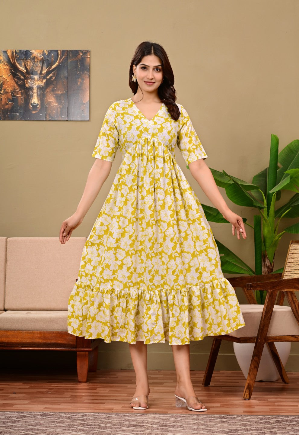 Women Floral Printed Flared Midi Dress