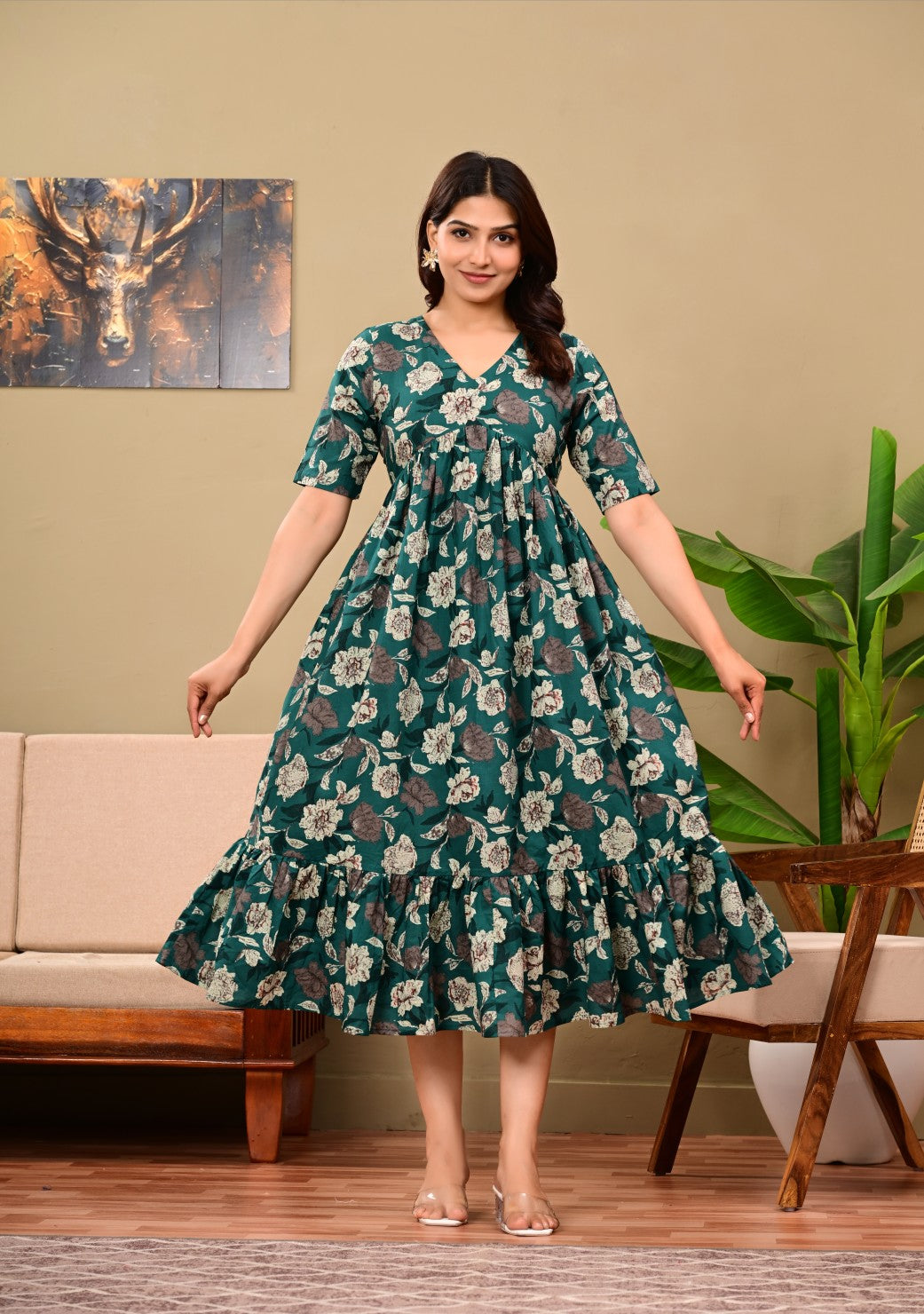 Women Floral Printed Flared Midi Dress