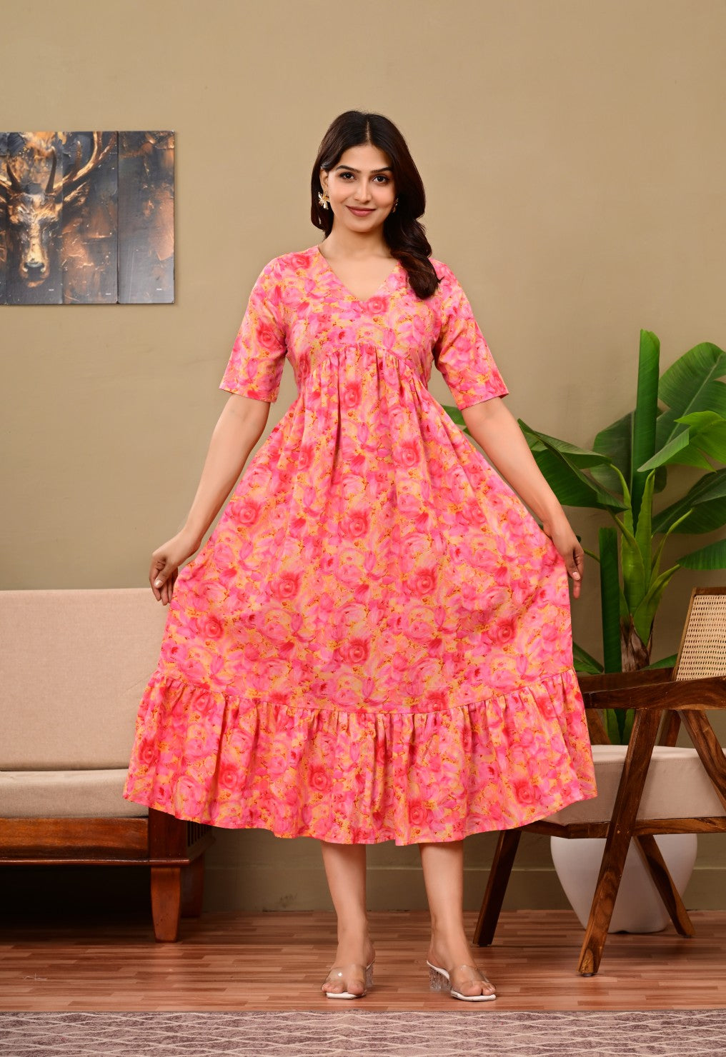 Women Floral Printed Flared Midi Dress