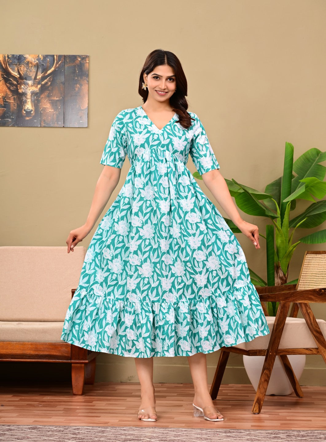 Women Floral Printed Flared Midi Dress