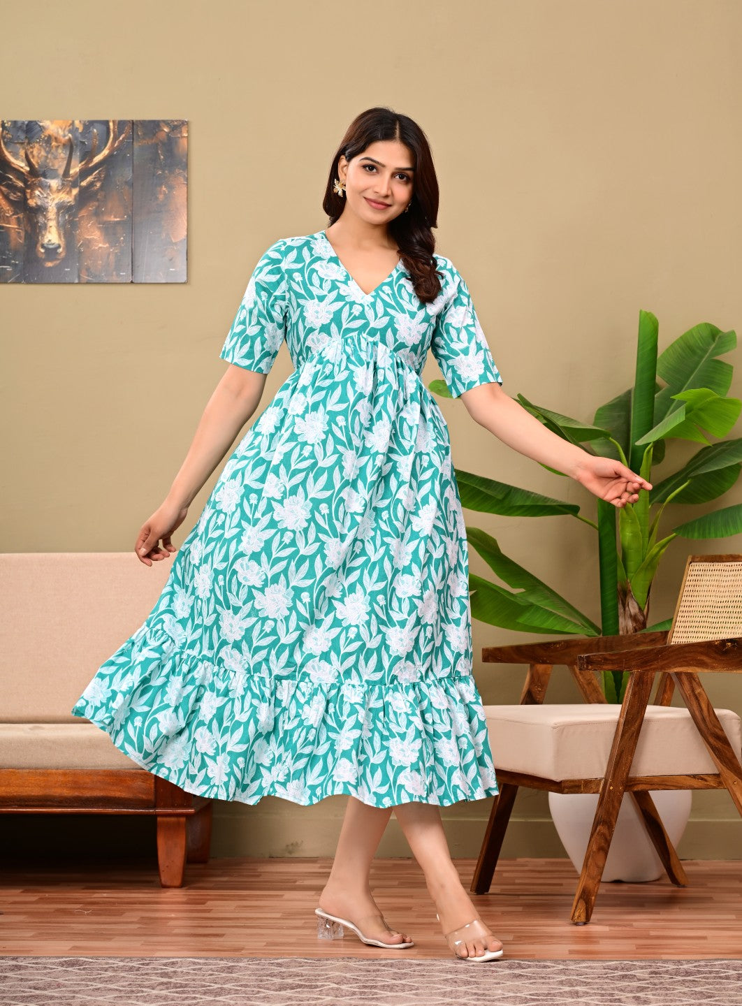 Women Floral Printed Flared Midi Dress