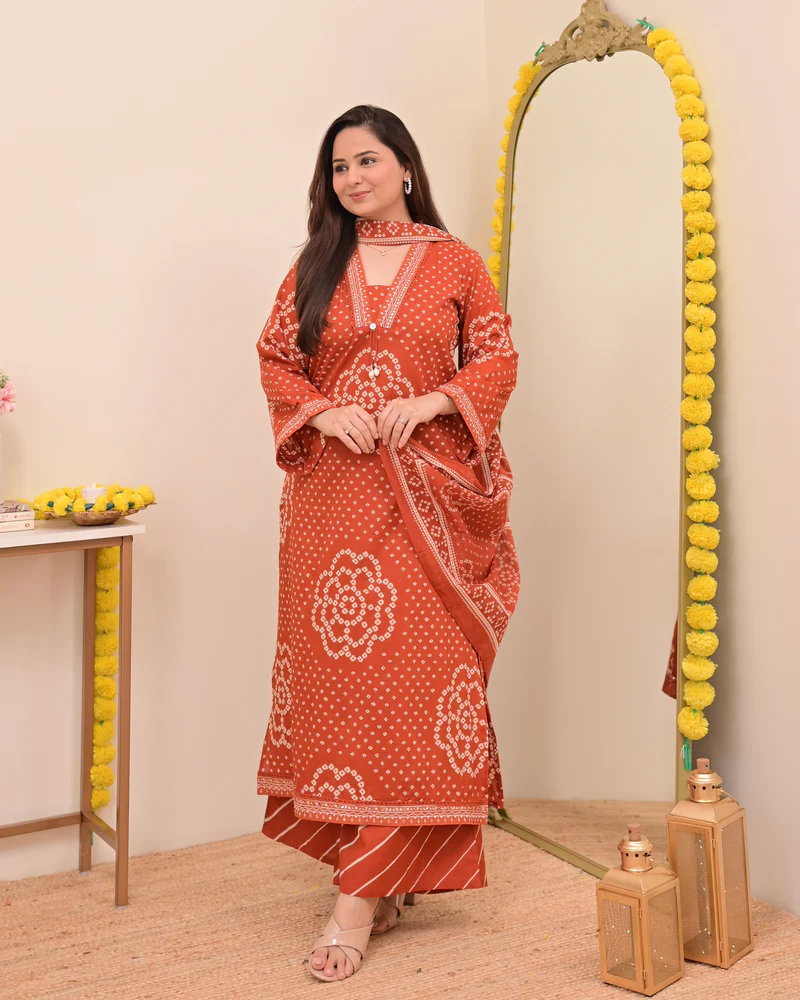 Bandhani Printed Orange Kurta Set with Dupatta