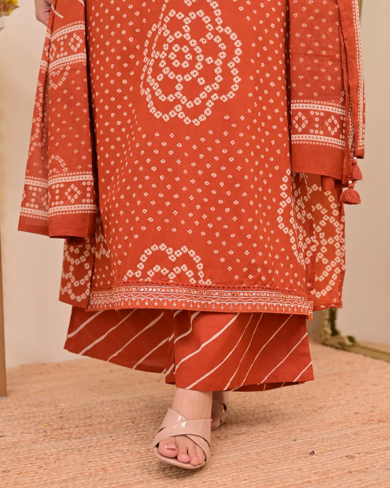 Bandhani Printed Orange Kurta Set with Dupatta