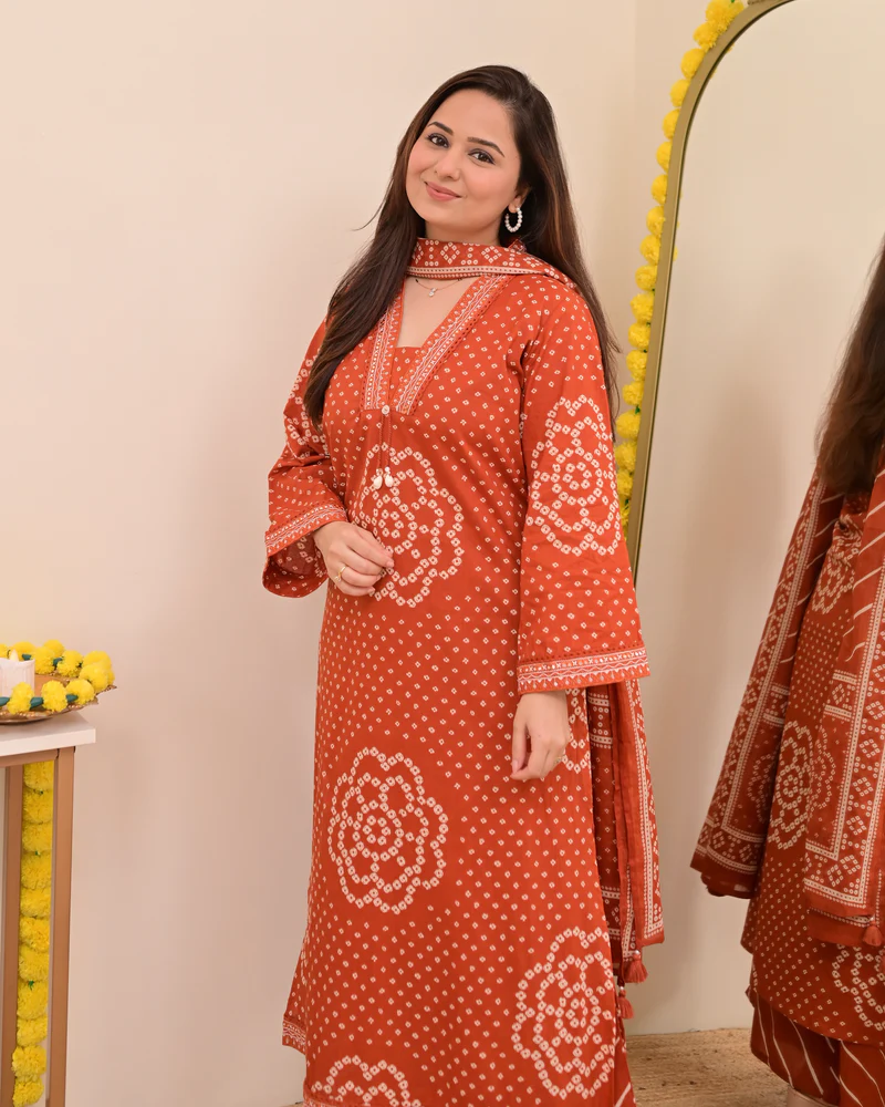 Bandhani Printed Orange Kurta Set with Dupatta