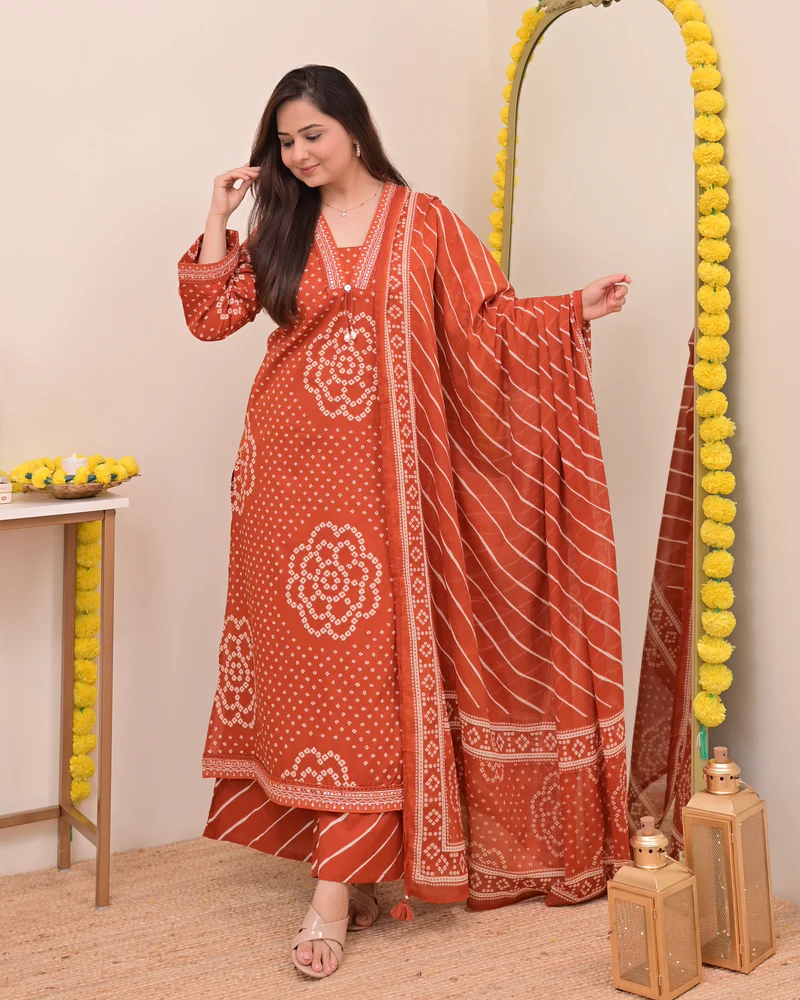 Bandhani Printed Orange Kurta Set with Dupatta