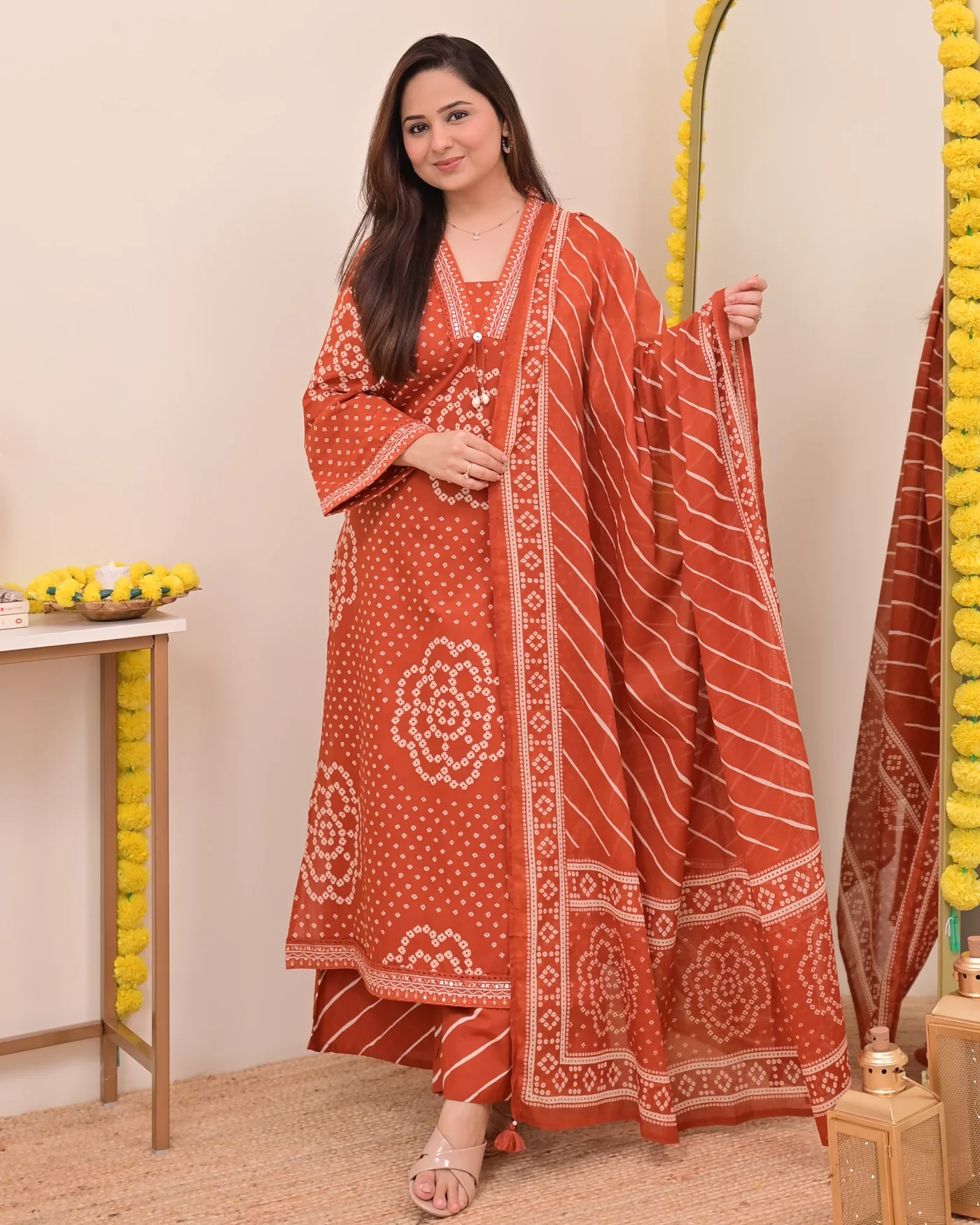 Bandhani Printed Orange Kurta Set with Dupatta