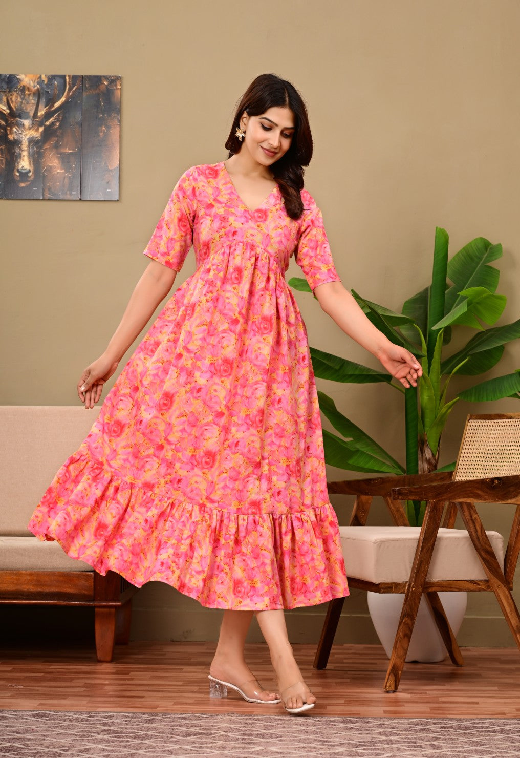 Women Floral Printed Flared Midi Dress