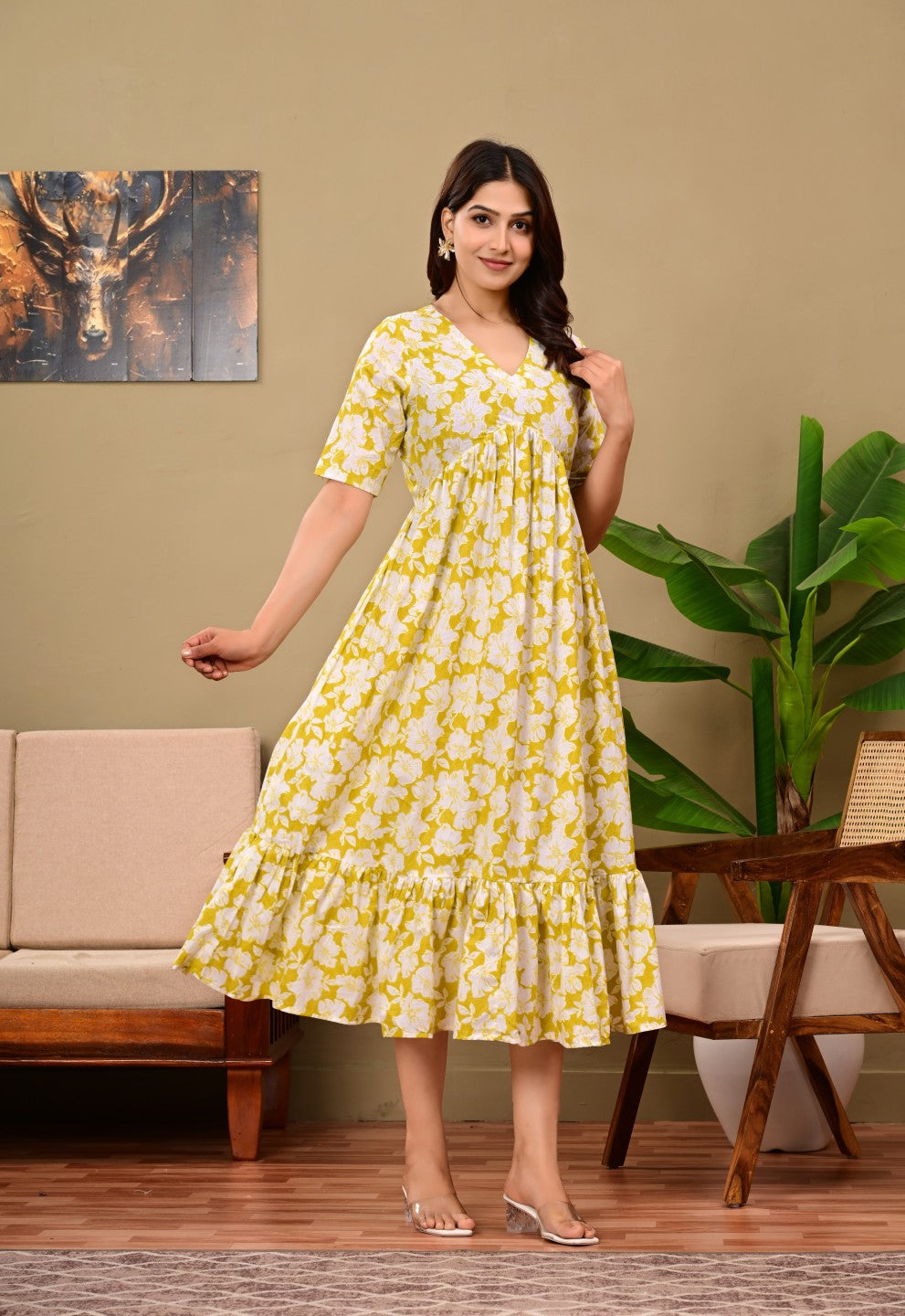 Women Floral Printed Flared Midi Dress
