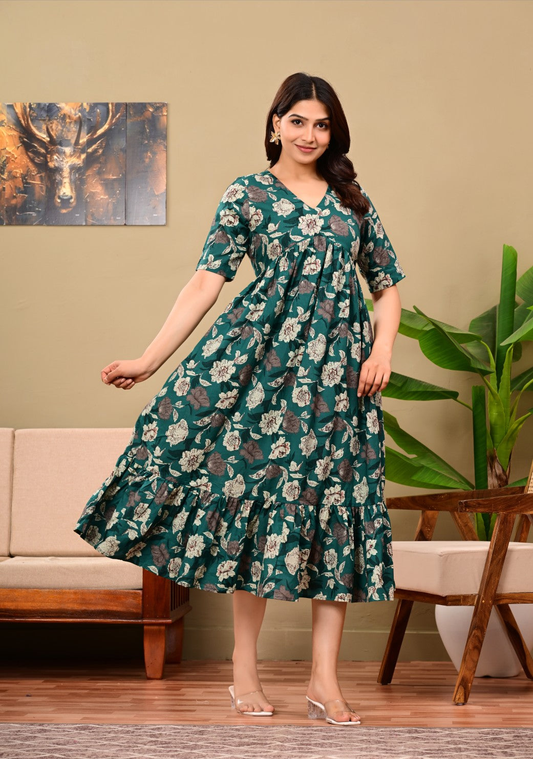 Women Floral Printed Flared Midi Dress