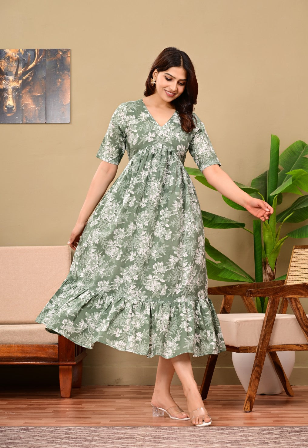 Women Floral Printed Flared Midi Dress
