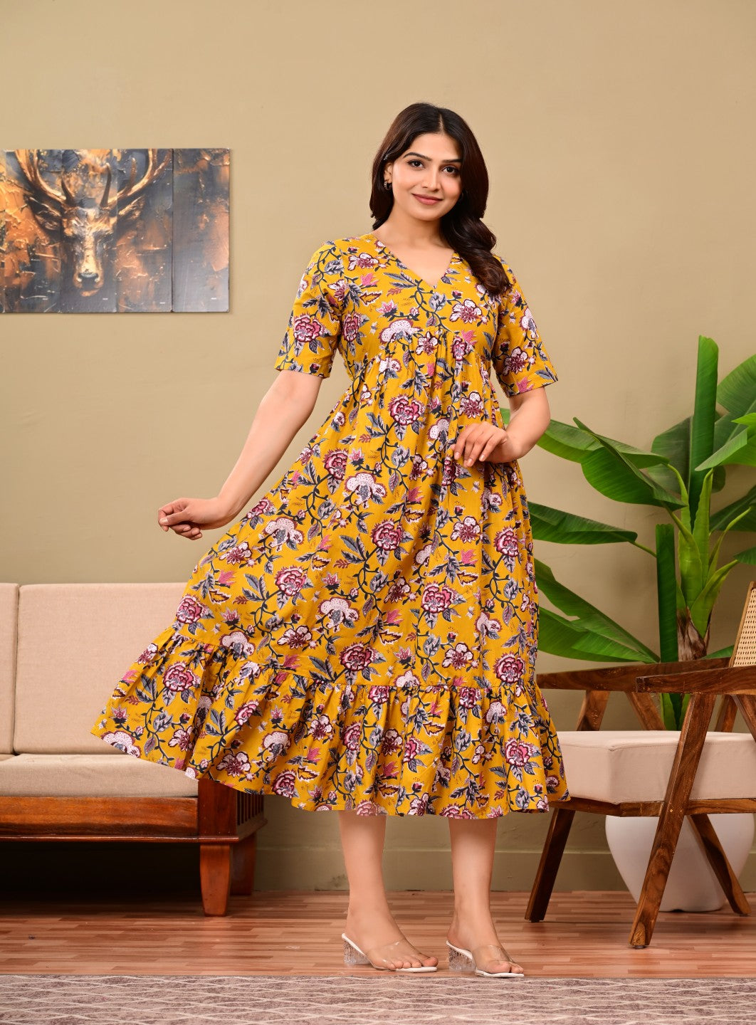 Women Floral Printed Flared Midi Dress