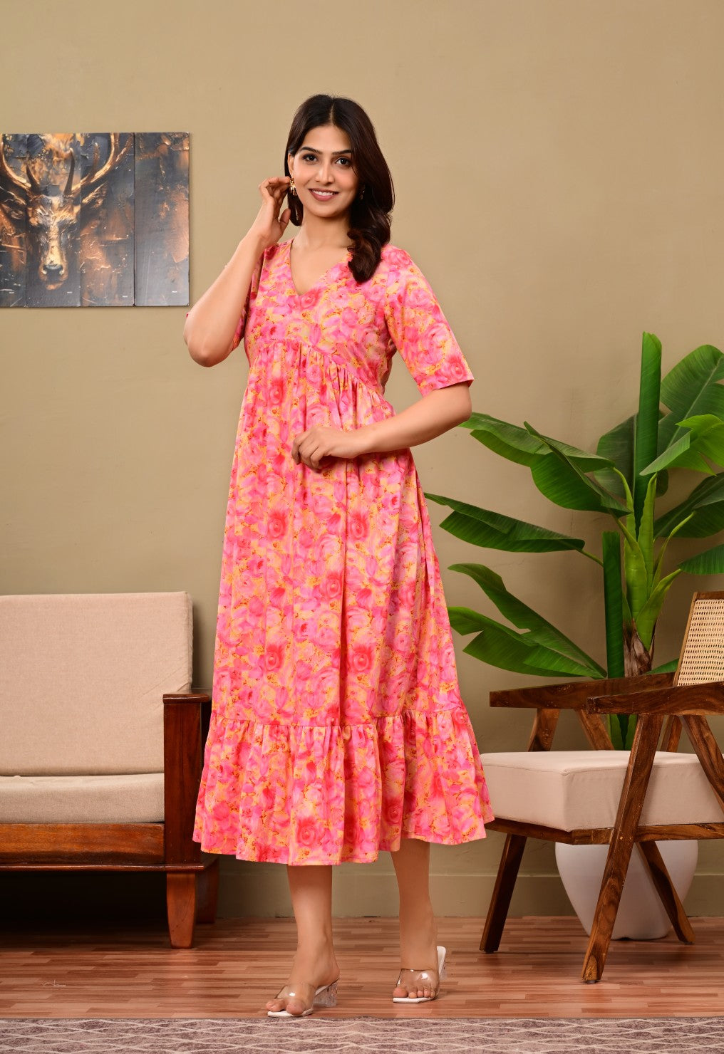 Women Floral Printed Flared Midi Dress