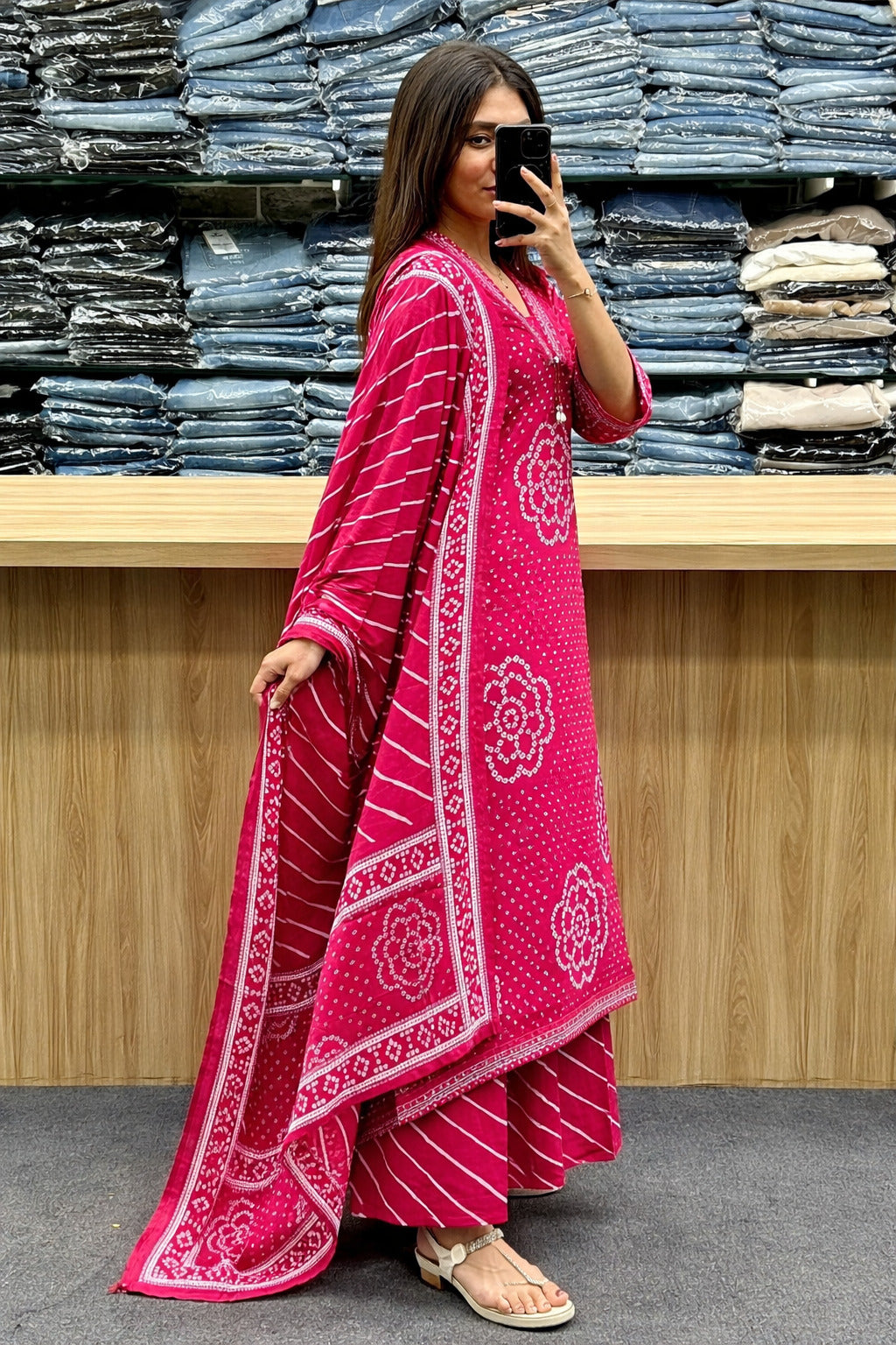 Bandhani Printed Pink Kurta Set with Dupatta