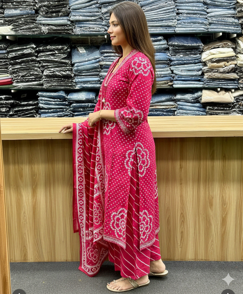 Bandhani Printed Pink Kurta Set with Dupatta