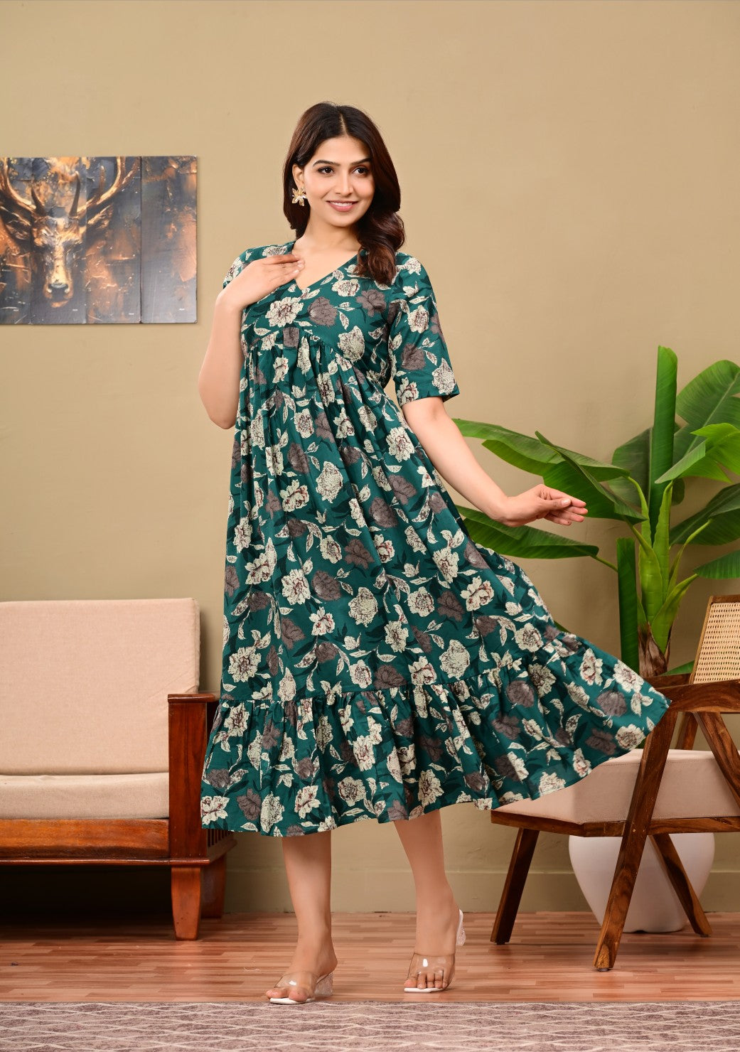 Women Floral Printed Flared Midi Dress