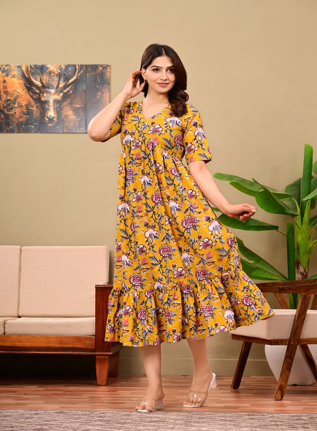 Women Floral Printed Flared Midi Dress