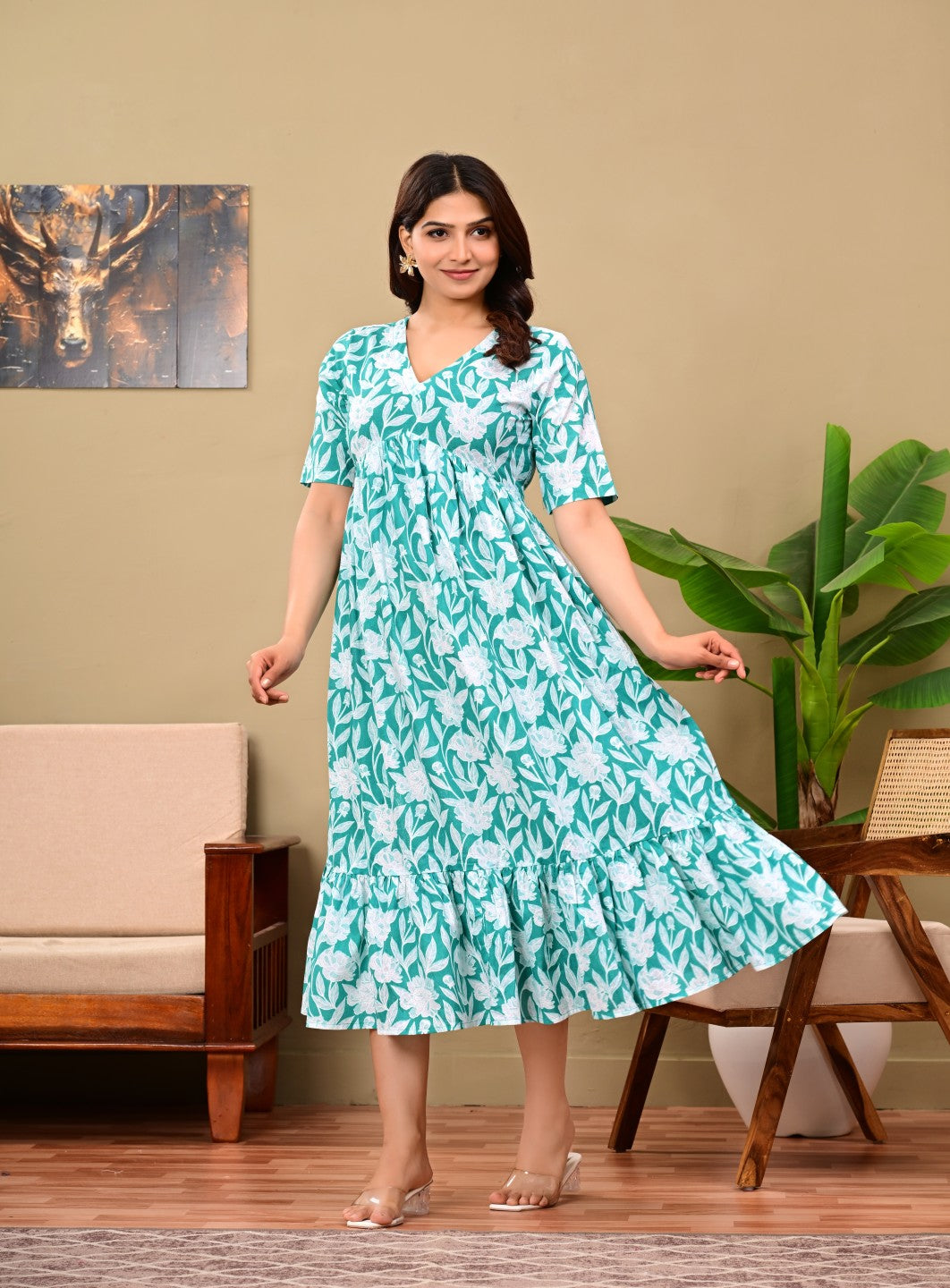 Women Floral Printed Flared Midi Dress