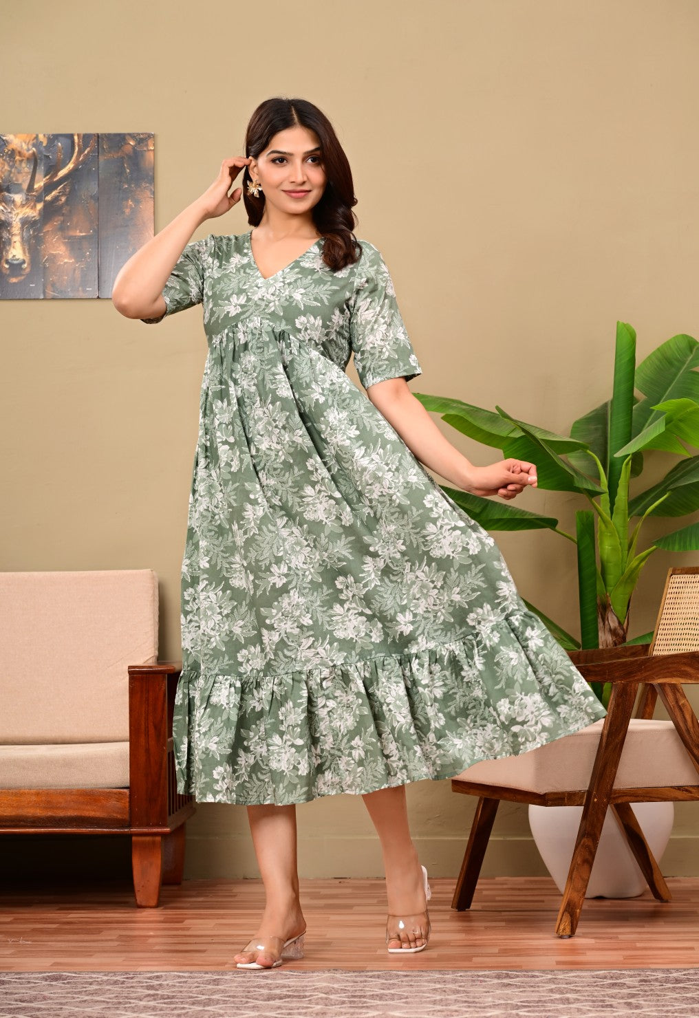 Women Floral Printed Flared Midi Dress