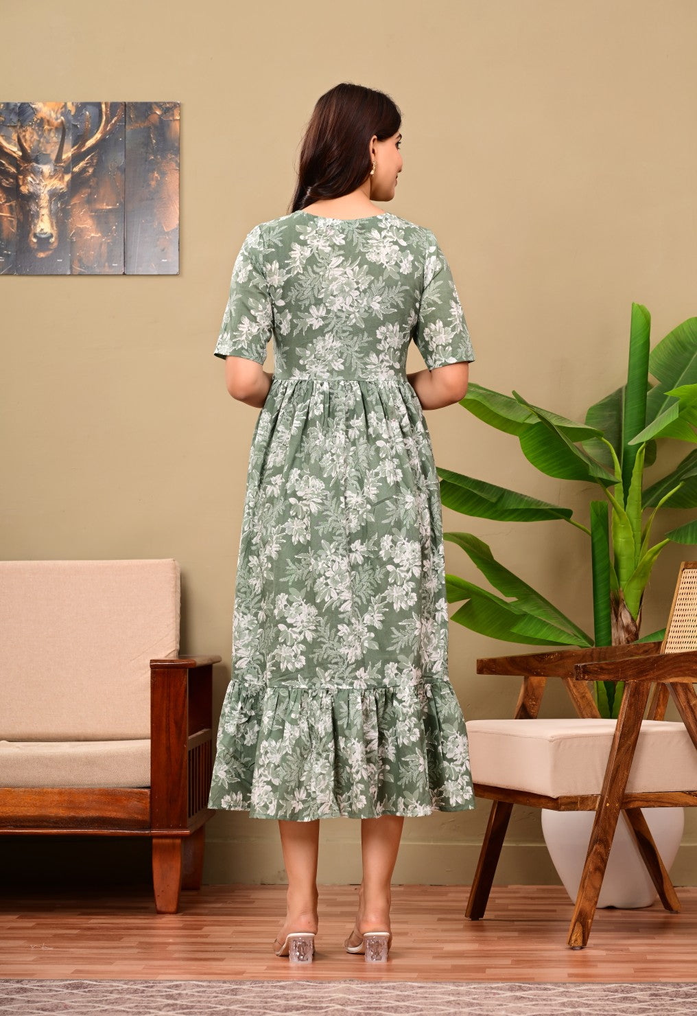 Women Floral Printed Flared Midi Dress