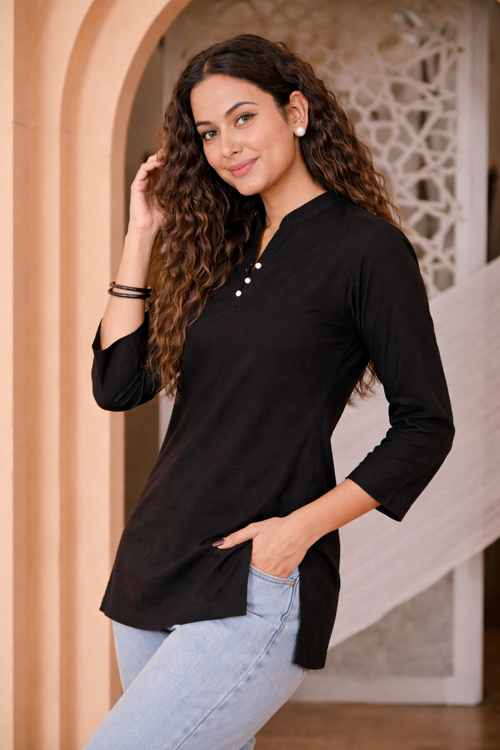 Women Solid Black Straight Kurti Top