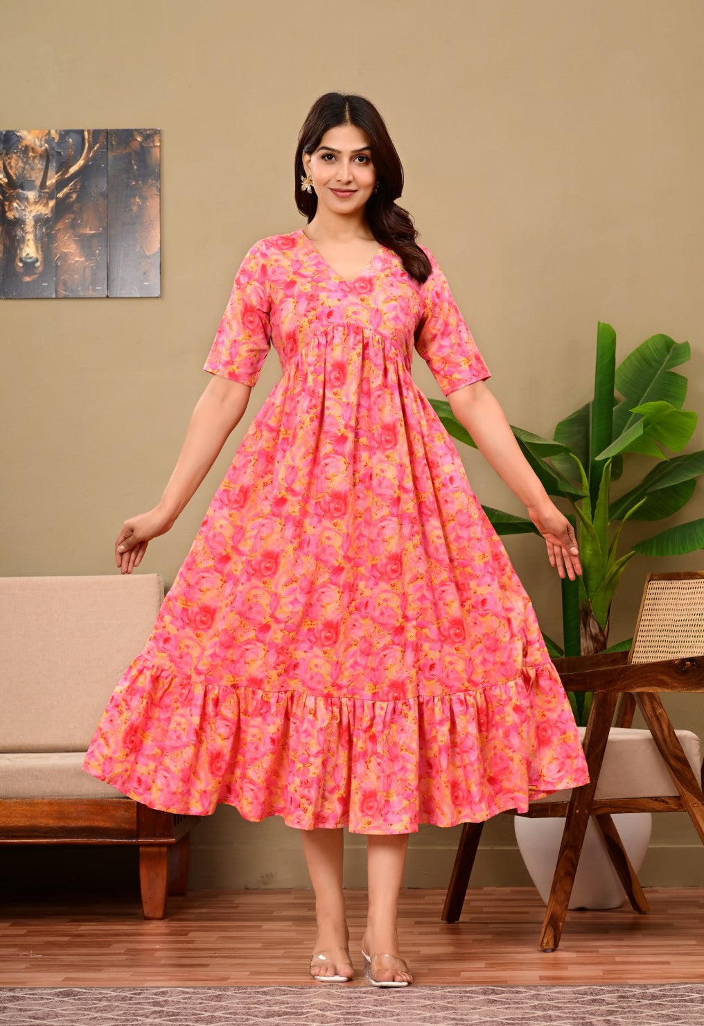 Women Floral Printed Flared Midi Dress