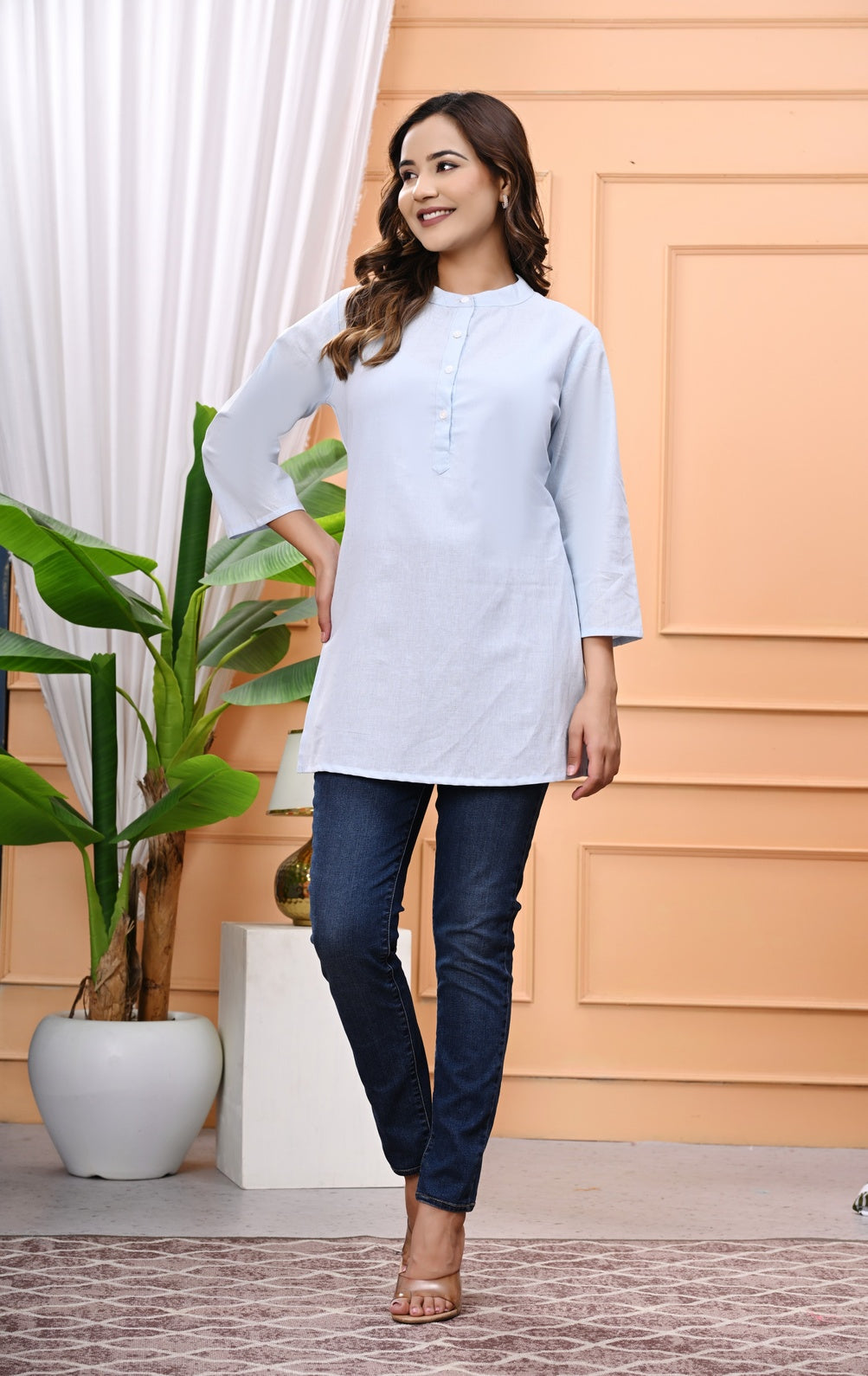 NAMA'S Women Solid Straight Kurti with Mandarin Collar