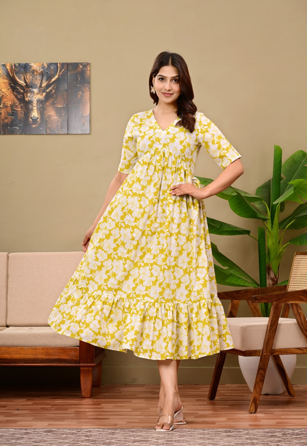 Women Floral Printed Flared Midi Dress
