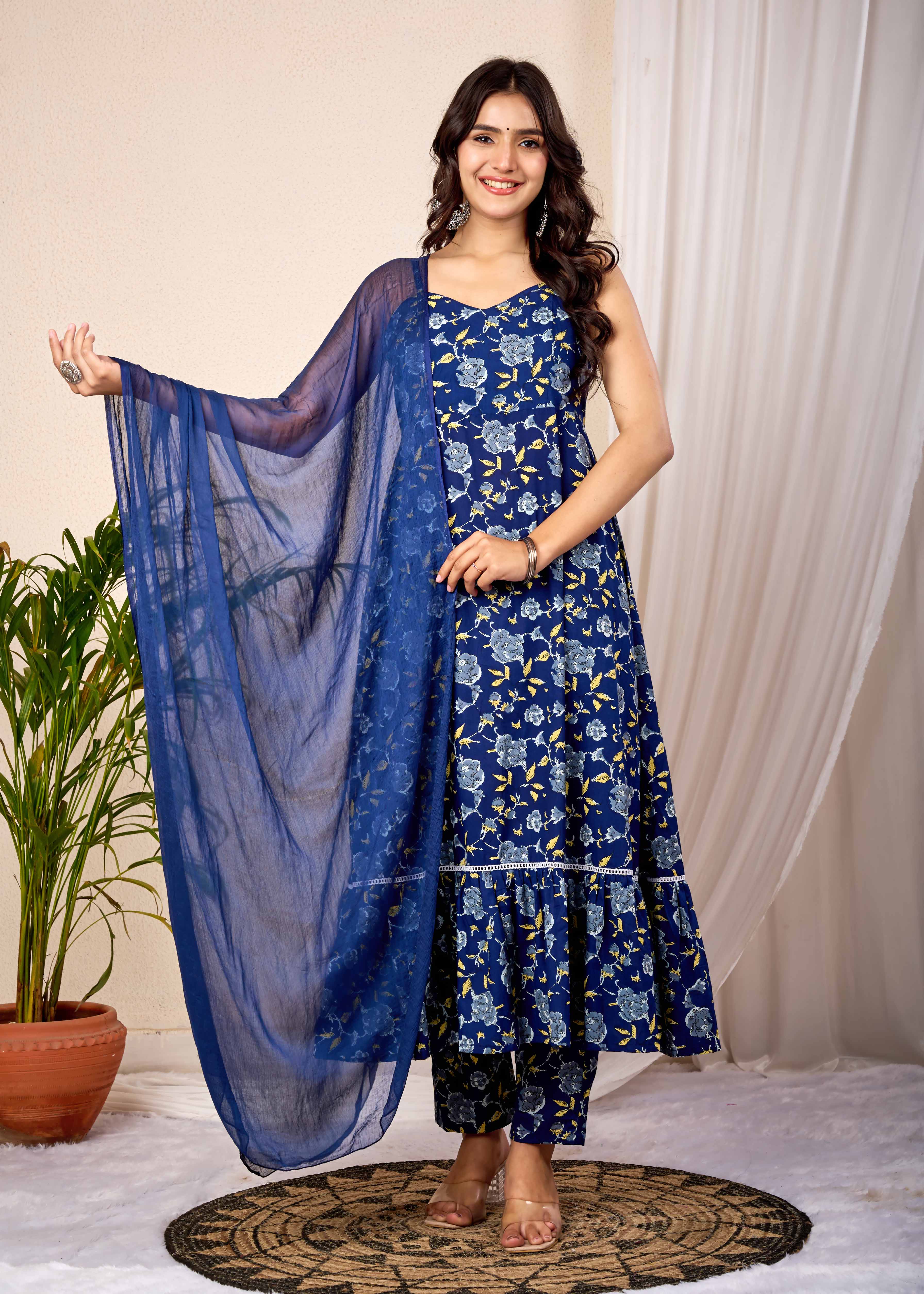 BLUE ORCHID HAND CRAFTED FLORAL COTTON  SUIT SET