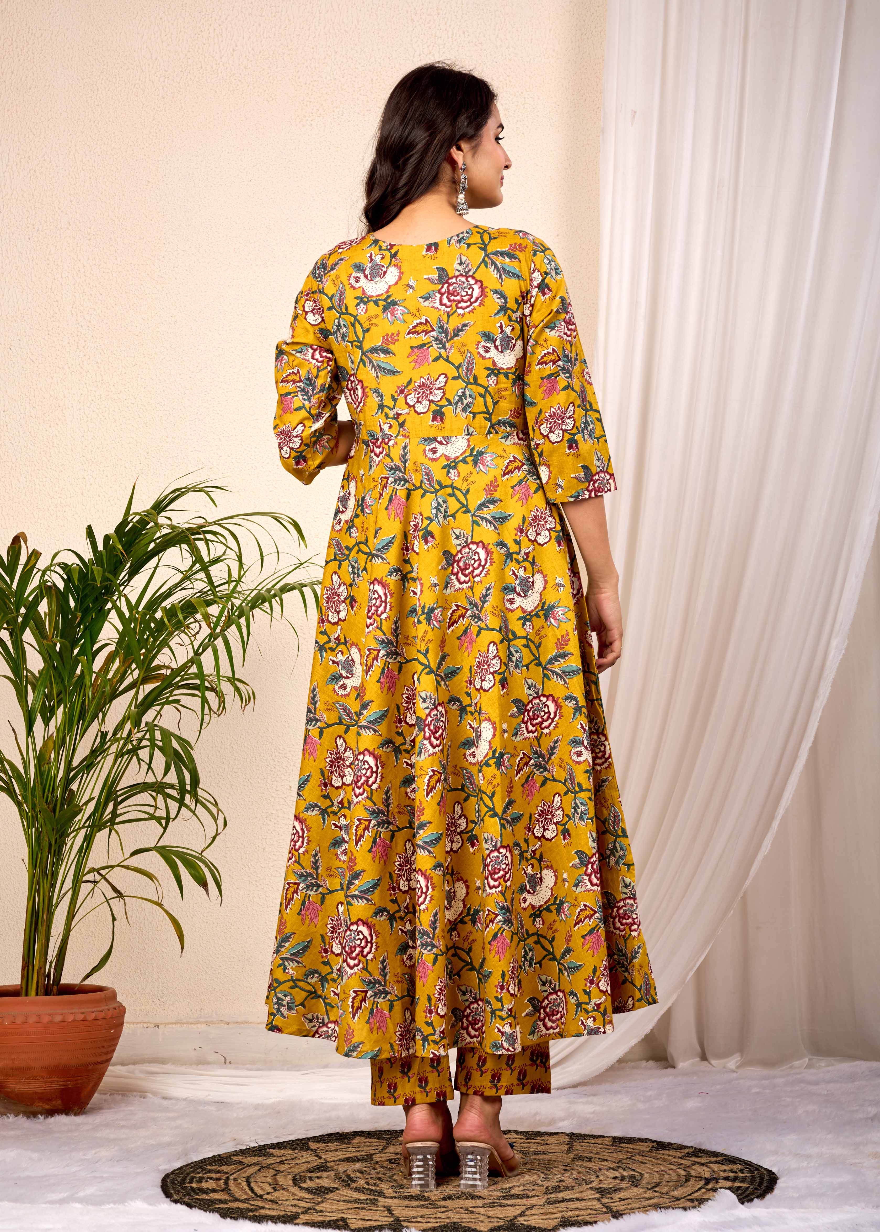 SUNLIGHT BLUSH HAND CRAFTED FLORAL ANARKALI COTTON SUIT SET