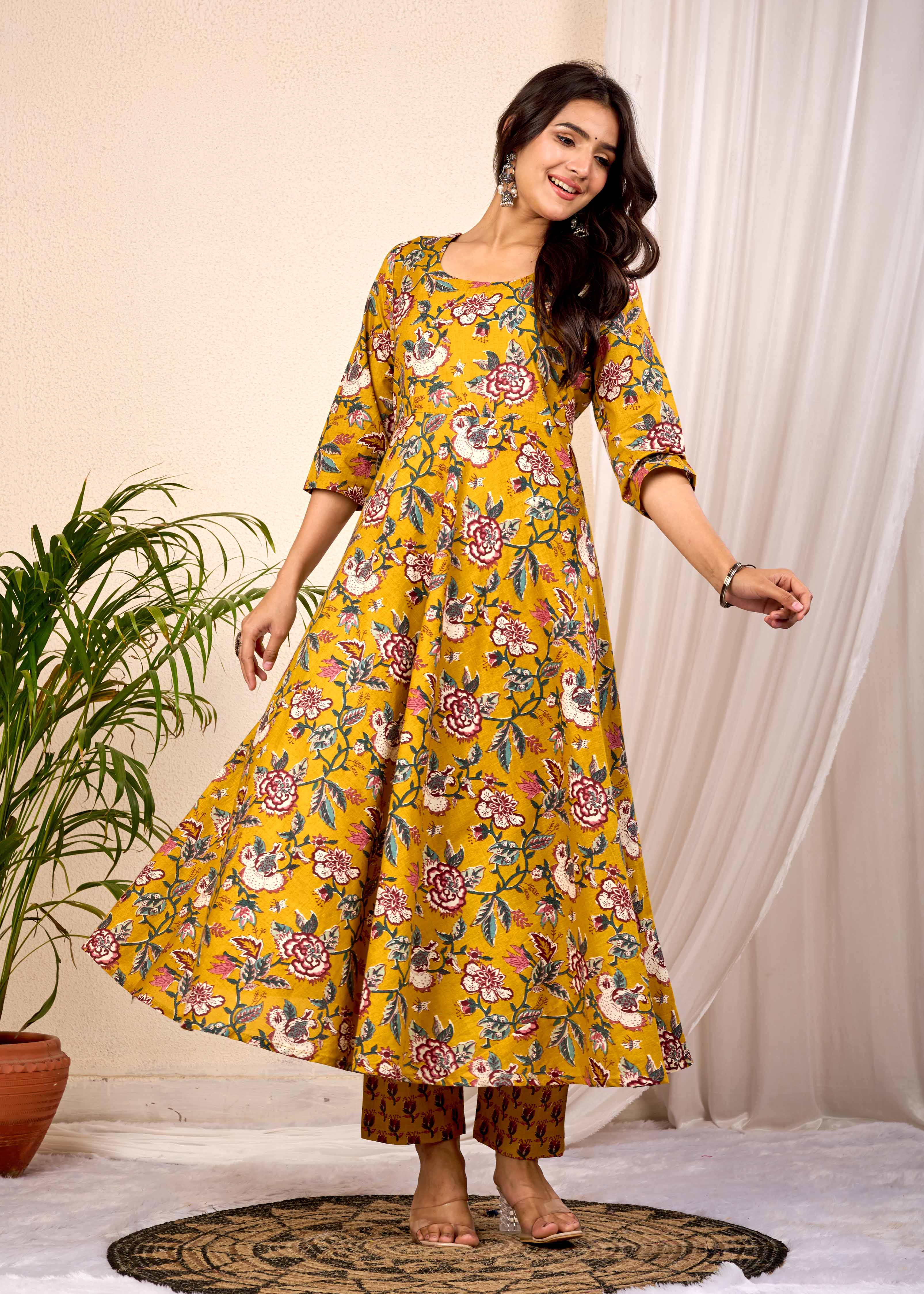 SUNLIGHT BLUSH HAND CRAFTED FLORAL ANARKALI COTTON SUIT SET