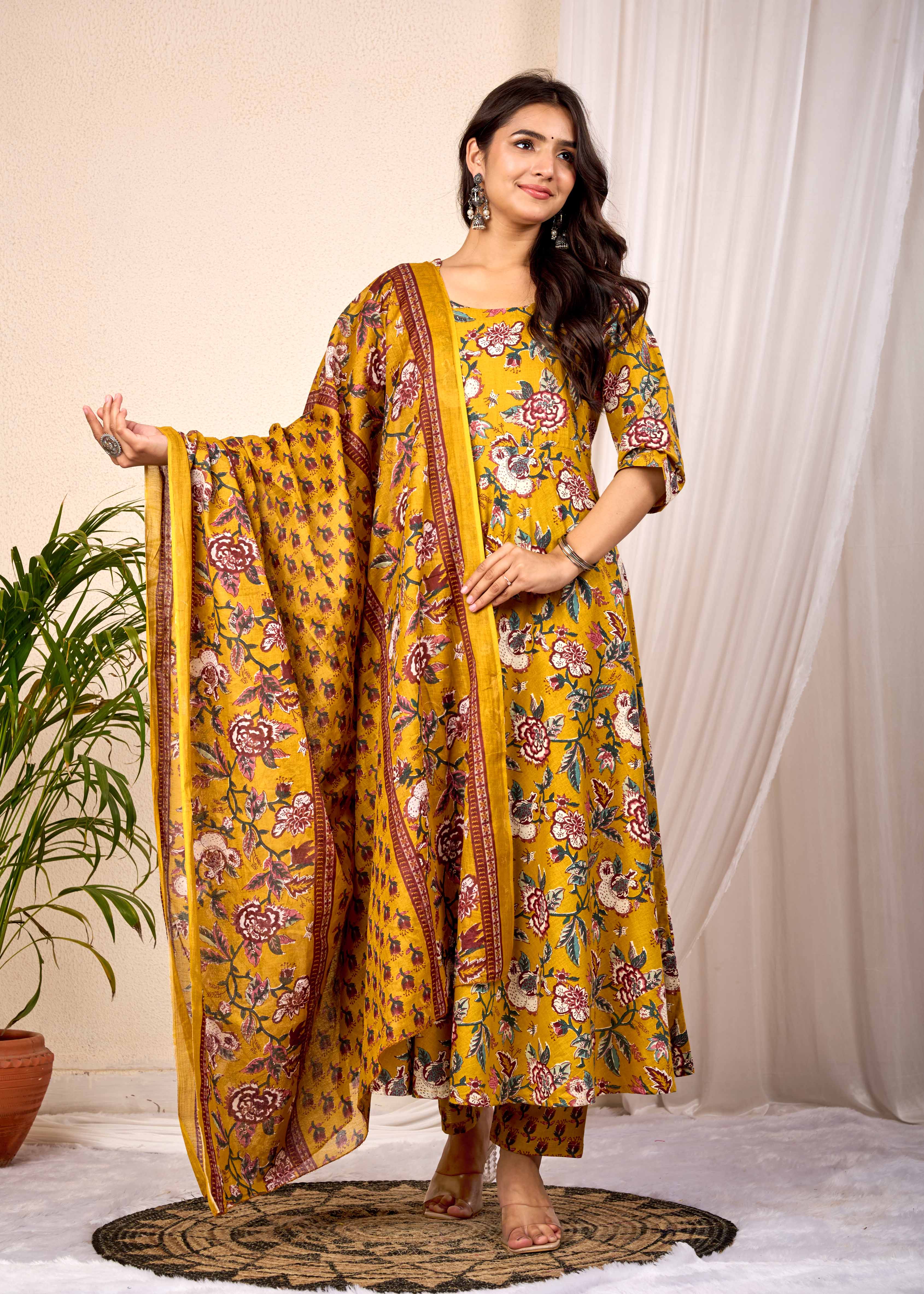 SUNLIGHT BLUSH HAND CRAFTED FLORAL ANARKALI COTTON SUIT SET