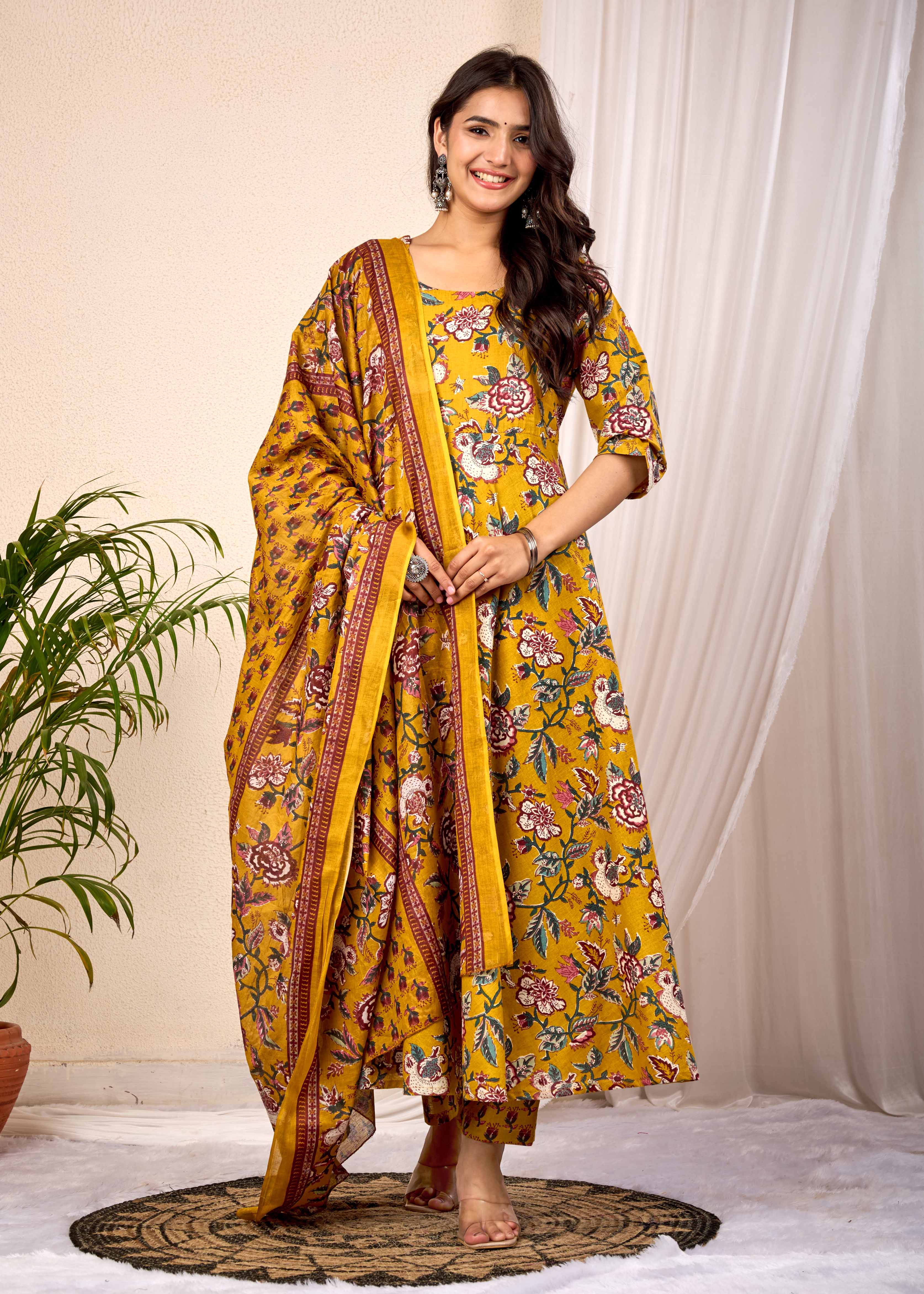 SUNLIGHT BLUSH HAND CRAFTED FLORAL ANARKALI COTTON SUIT SET